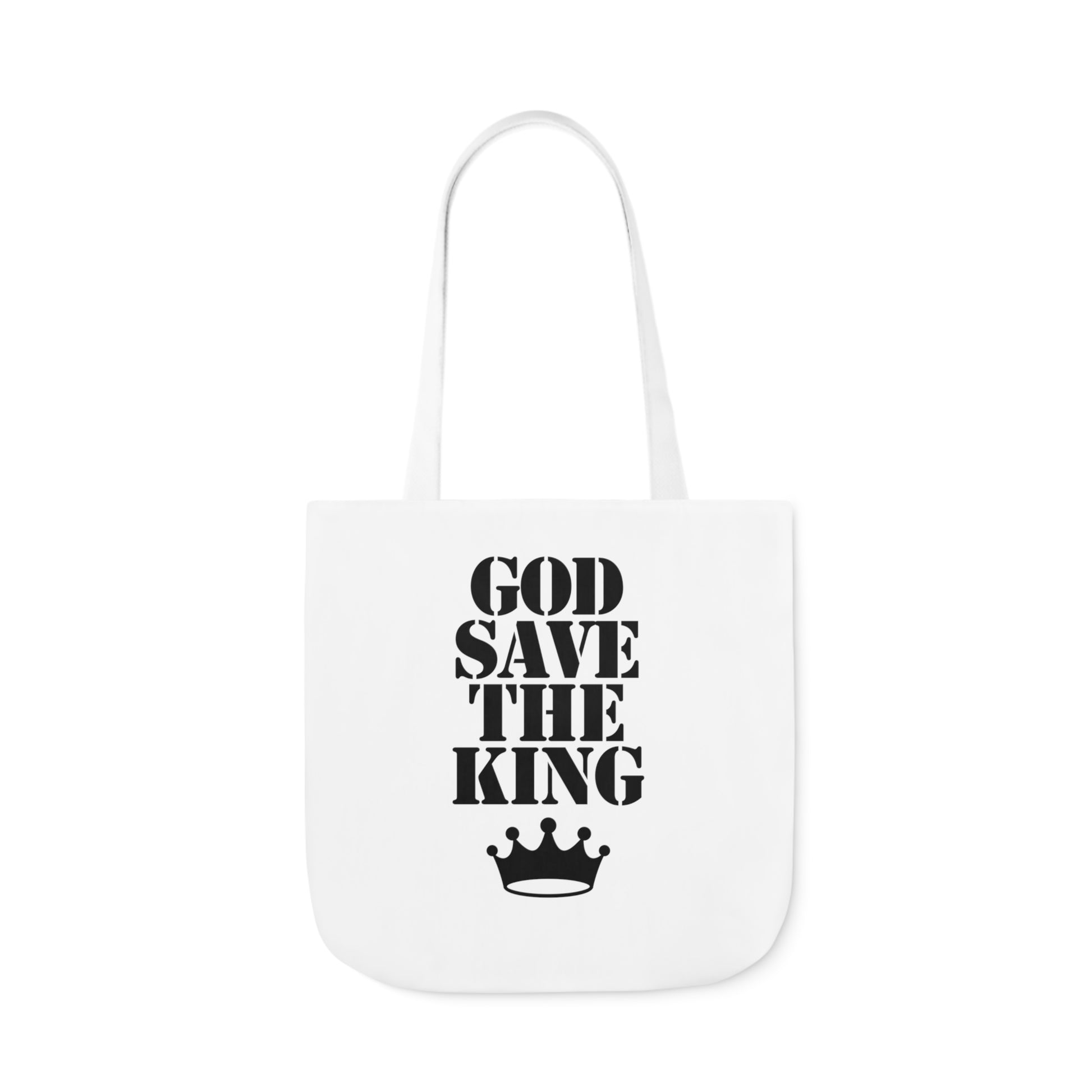 White tote bag featuring bold black text "GOD SAVE THE KING" with a crown graphic underneath