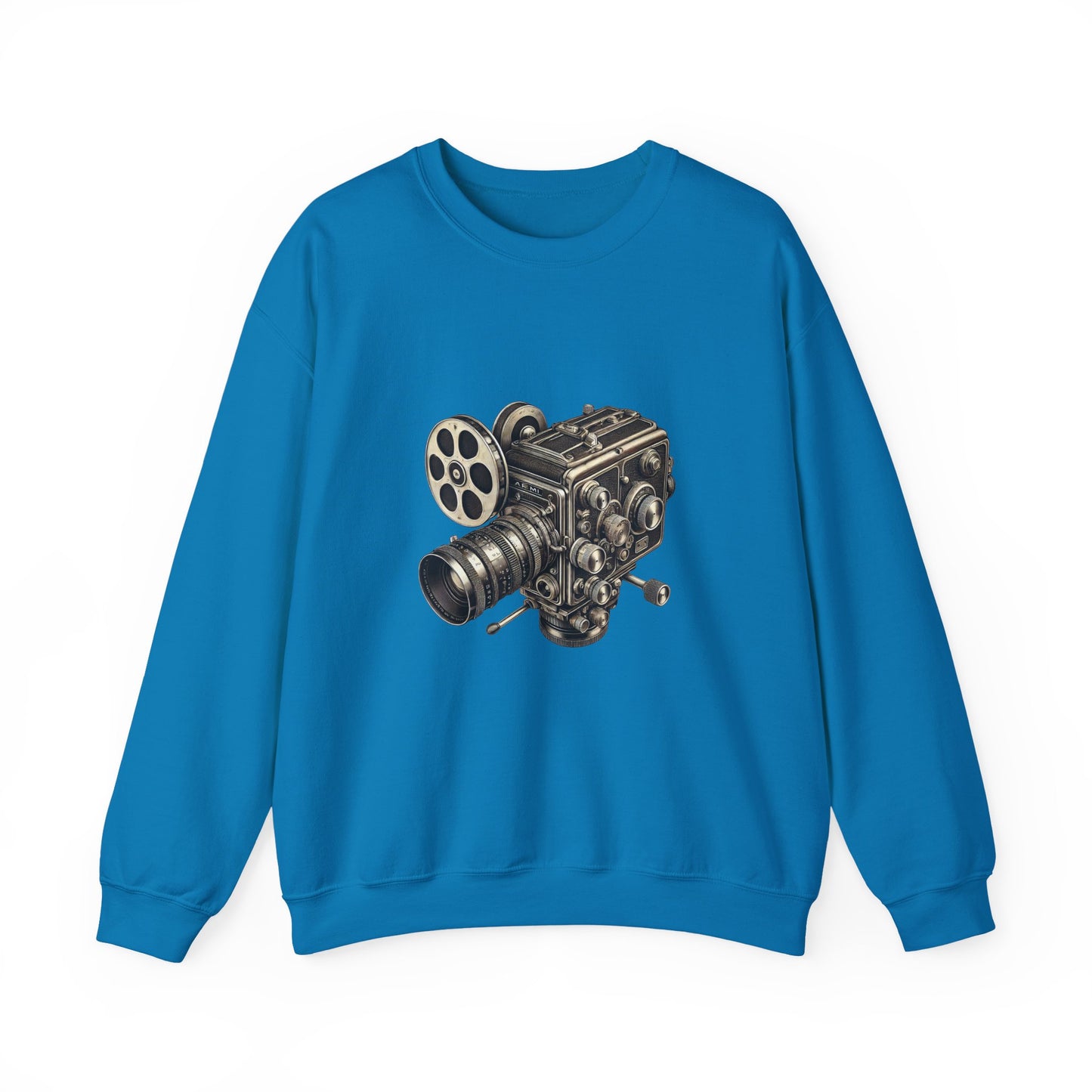 Front view of royal blue Film Camera Sweatshirt laid flat with graphic print.