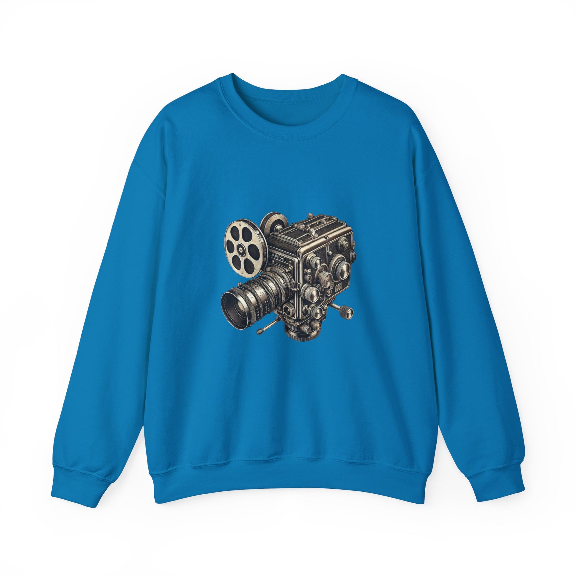 Front view of royal blue Film Camera Sweatshirt laid flat with graphic print.