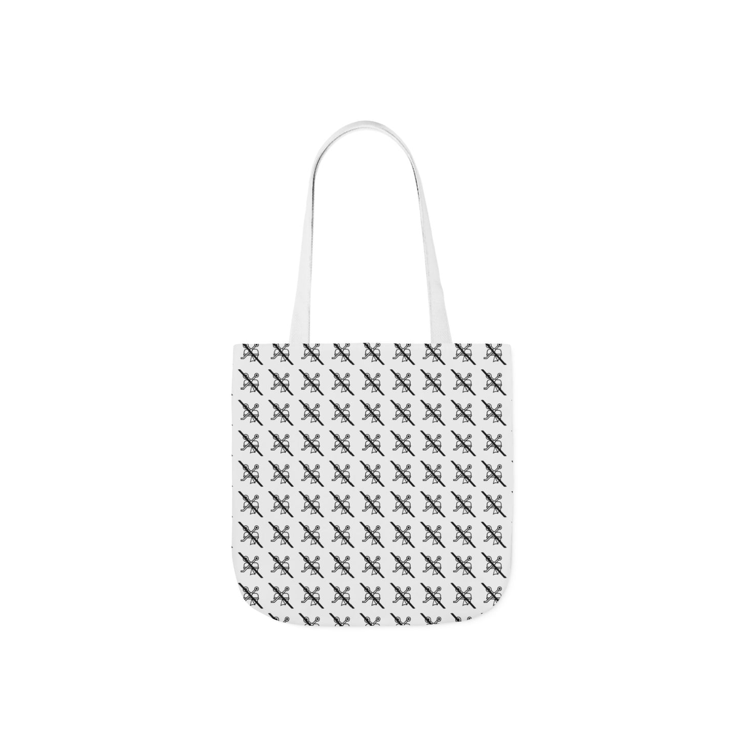 Front view of the Proudly Childless white tote bag with white handles