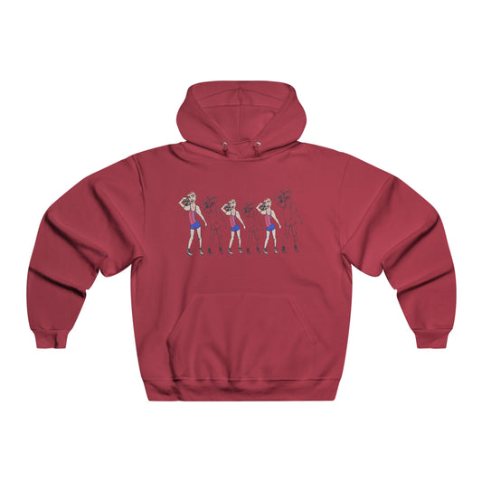 Front view of red Gym Rat Men’s NUBLEND hooded sweatshirt with graphic artwork of gym characters