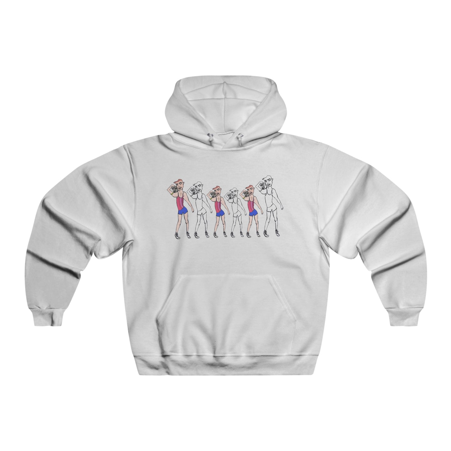Front view of white Gym Rat Men’s NUBLEND hooded sweatshirt with colorful graphic artwork