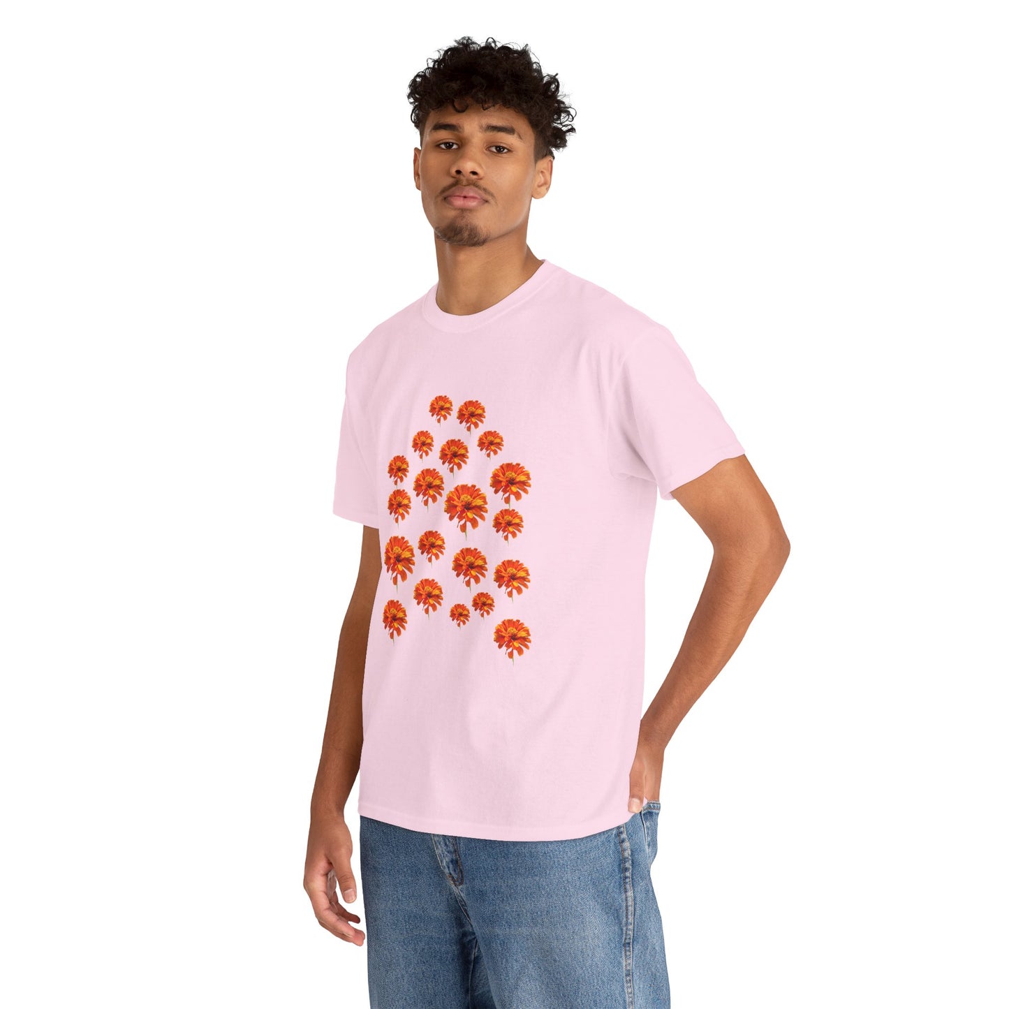 Man wearing pink Zinnia T-Shirt with orange flower design front view