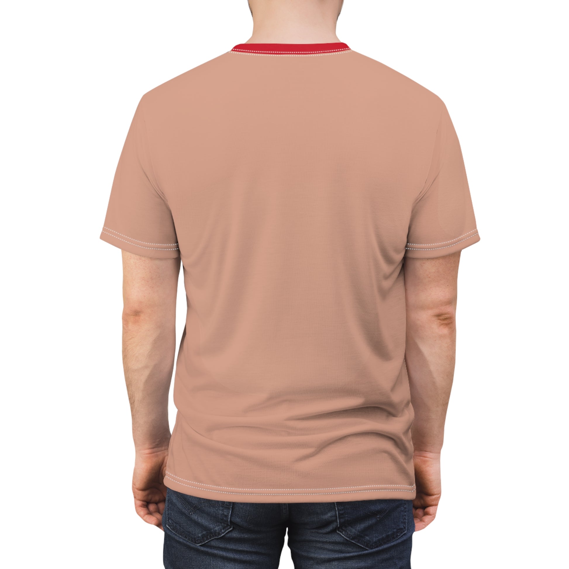 Back view of beige Rent-Stabilized Dream T-Shirt with plain design and red collar