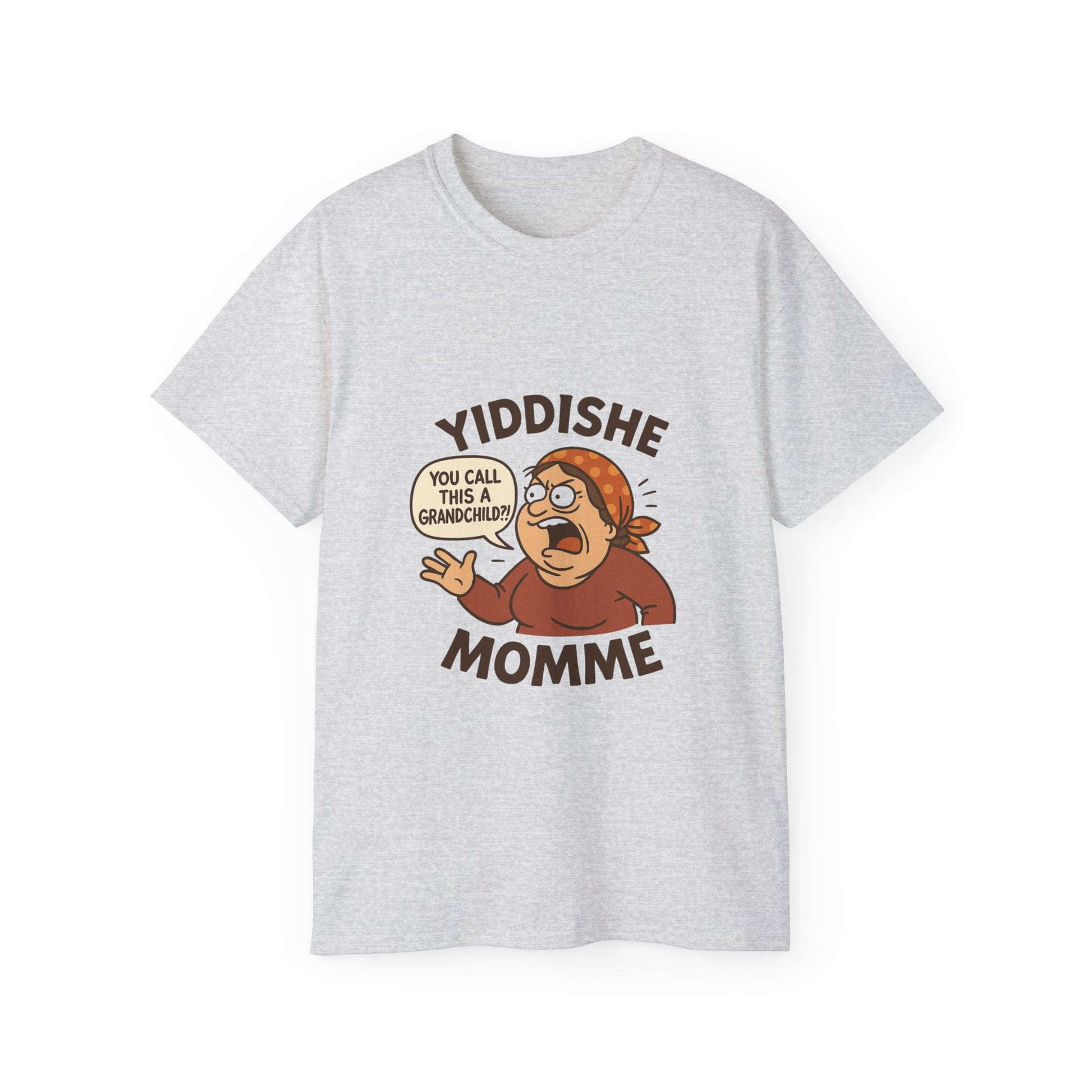Heather gray Yiddishe Momme T-shirt with vintage-style cartoon and Yiddish humor.