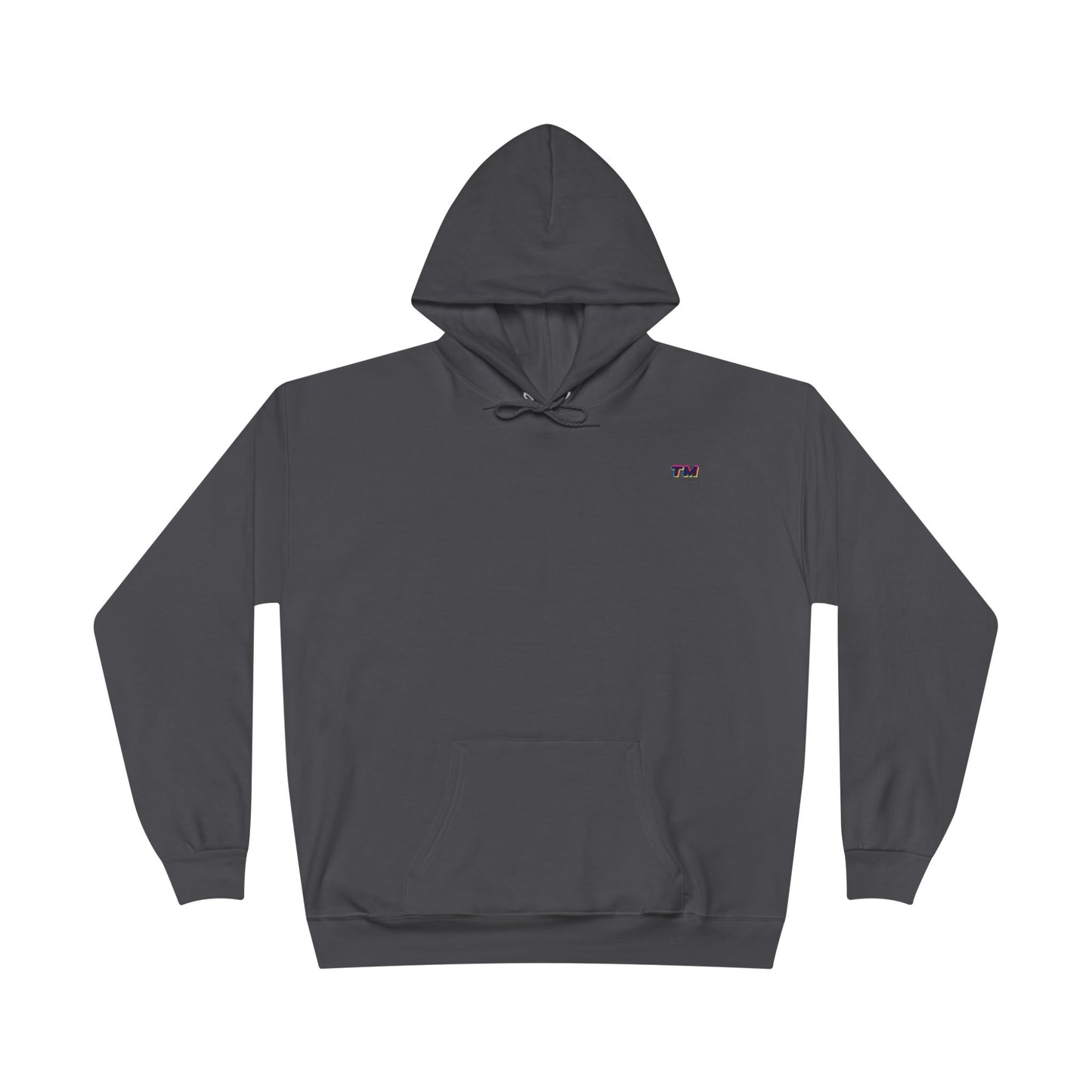 Flat lay of charcoal EcoSmart hoodie with small embroidered TM logo on chest.