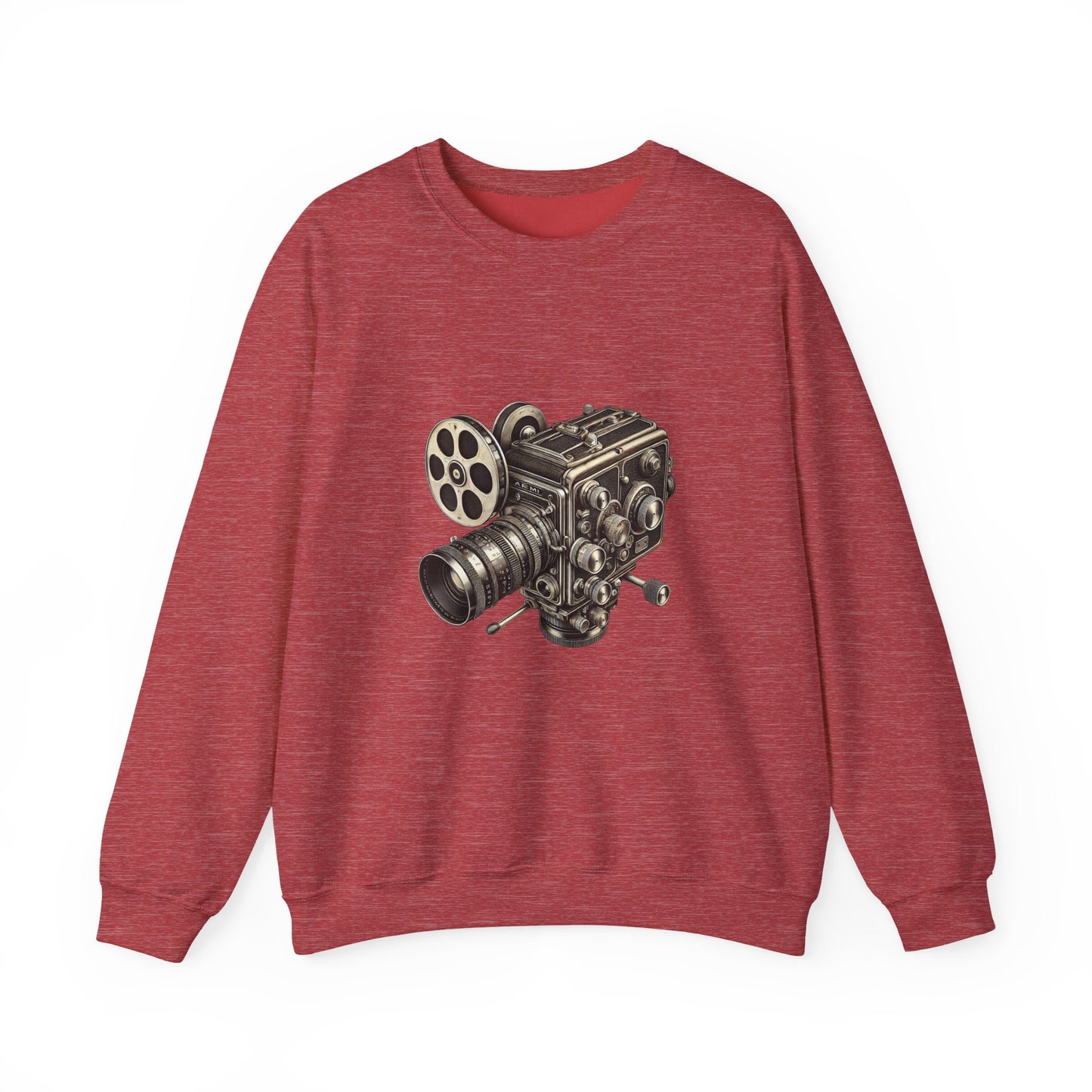 Dark red Film Camera Sweatshirt flat view with bold film camera illustration.