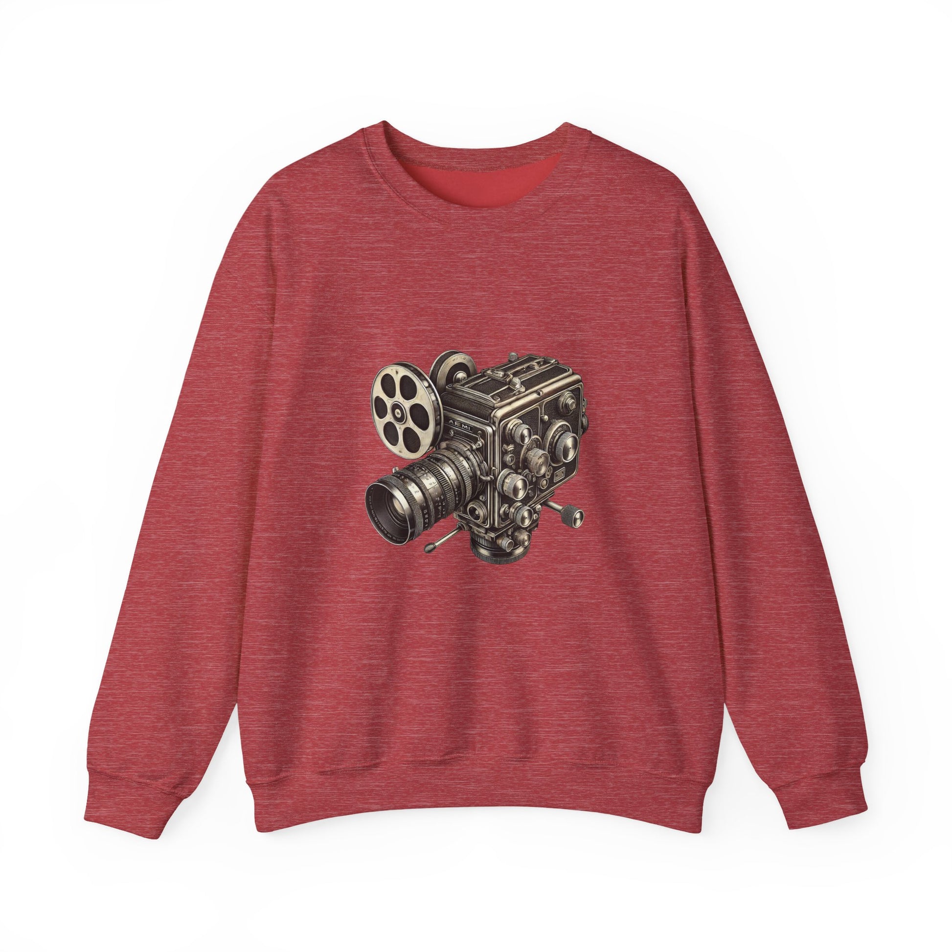 Dark red Film Camera Sweatshirt flat view with bold film camera illustration.