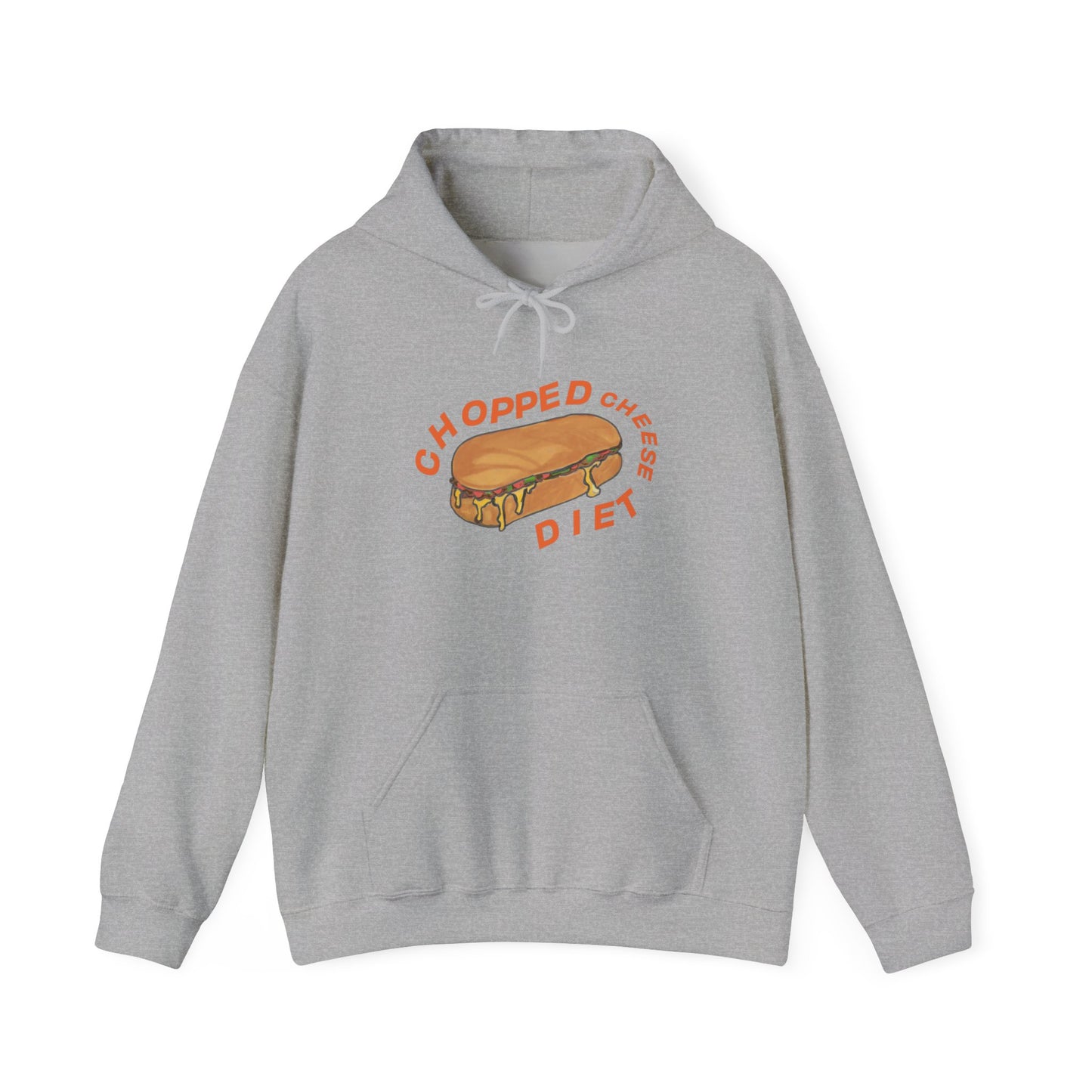 Gray hoodie with “Chopped Cheese Diet” sandwich graphic on front.