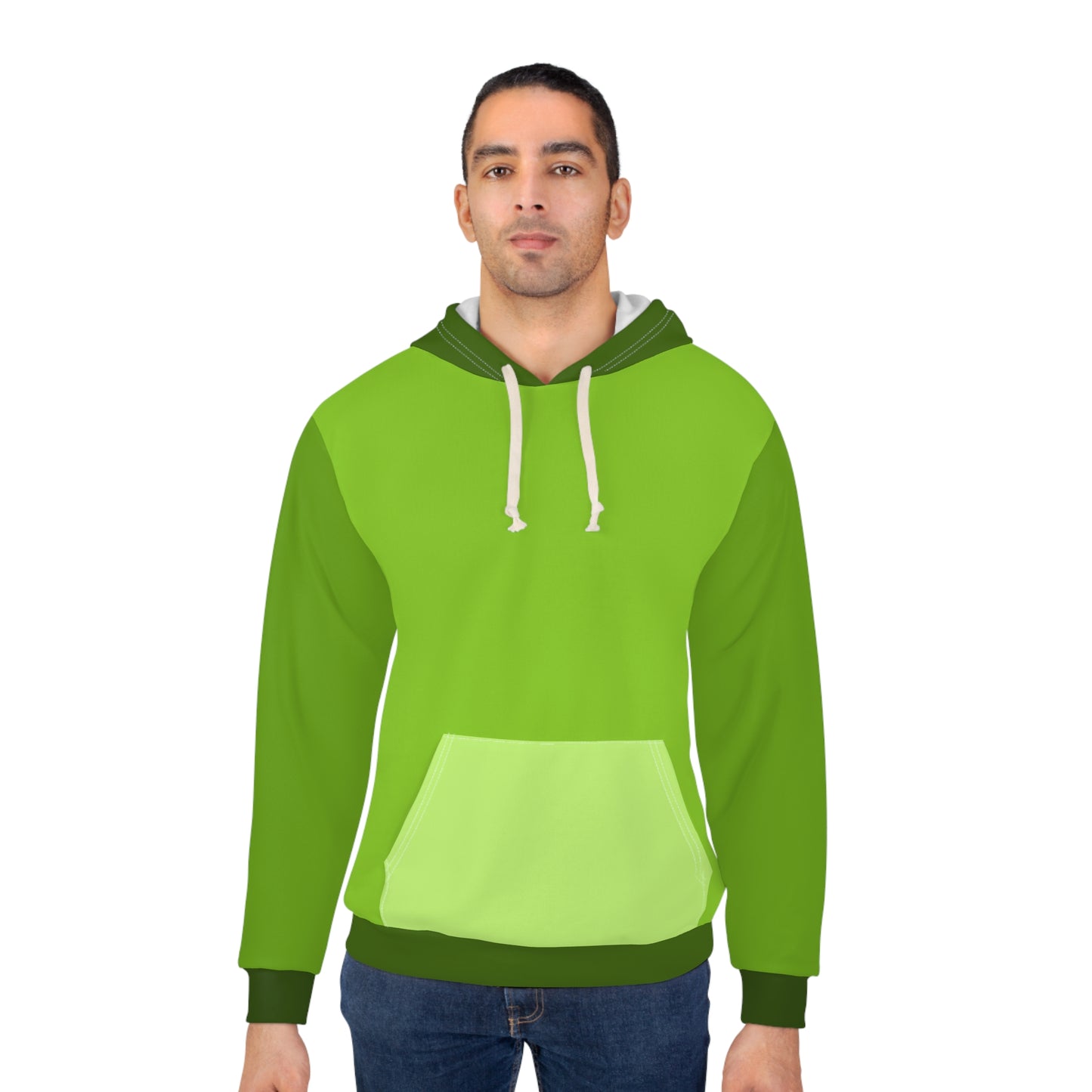 Male model wearing Avocado Unisex Hoodie featuring bold green color blocks, classic fit, and modern sporty casual style