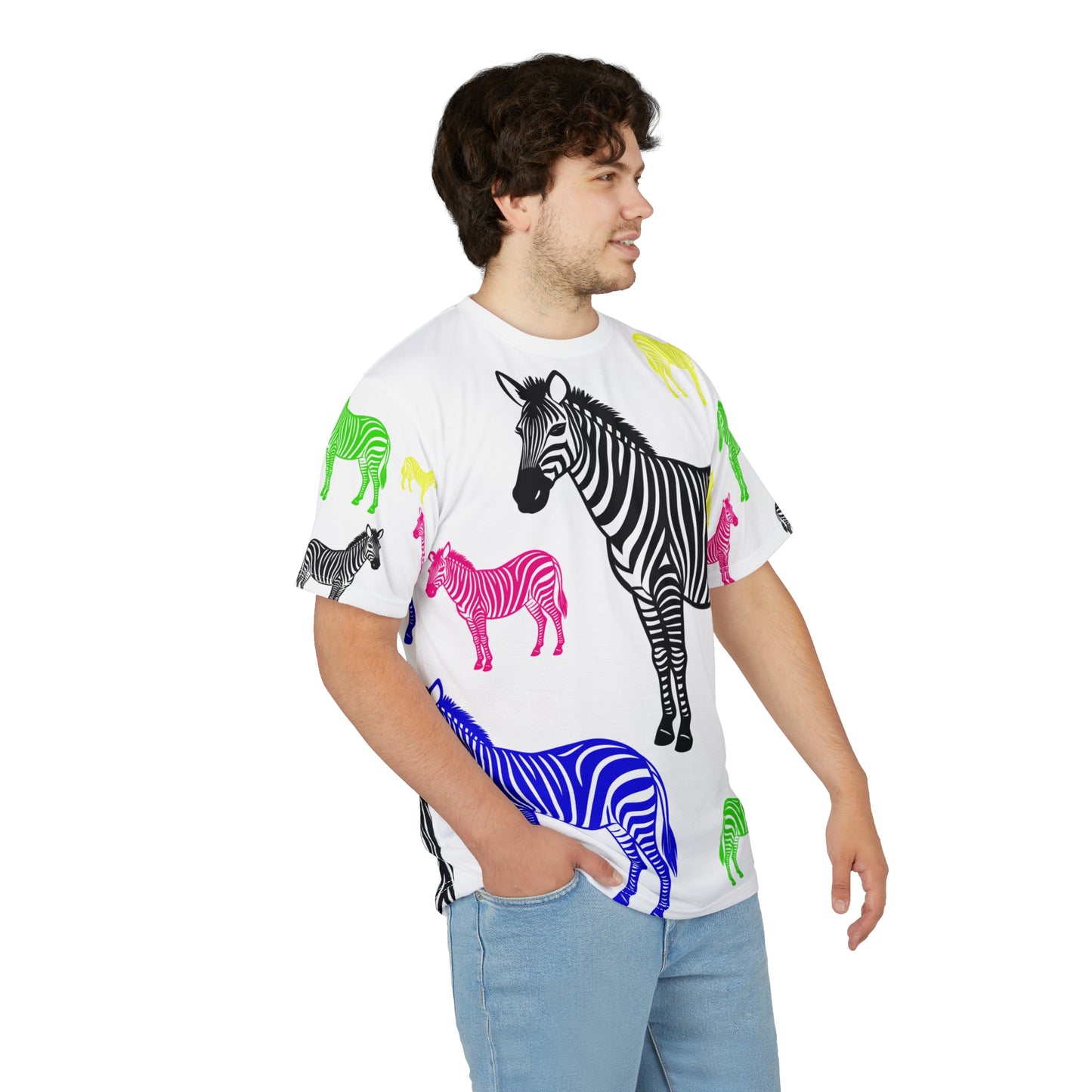Male model side view in Colored Zebras Unisex T-Shirt with colorful zebra artwork