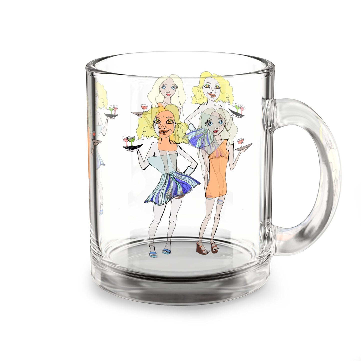 Angled view of waitress glass mug with bold original artwork.