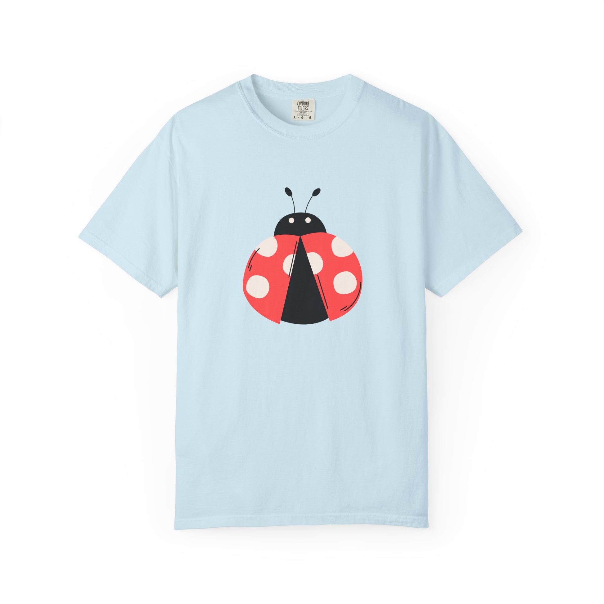 Light blue Lady Bug T-Shirt with bold red and black lady bug graphic on front.