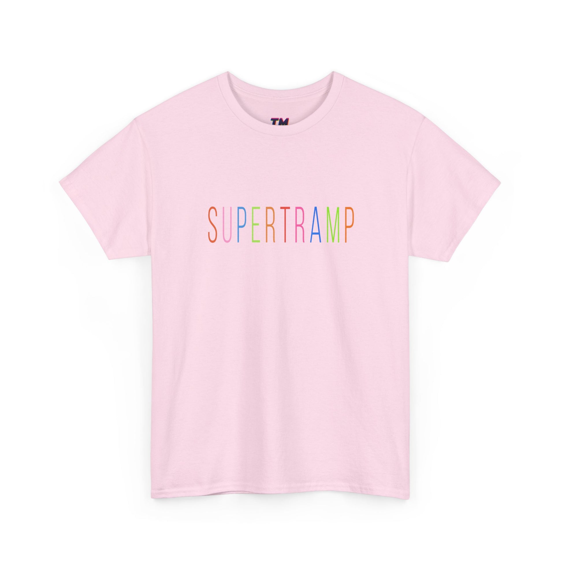 Light pink Supertramp t-shirt laid flat with multicolor text.