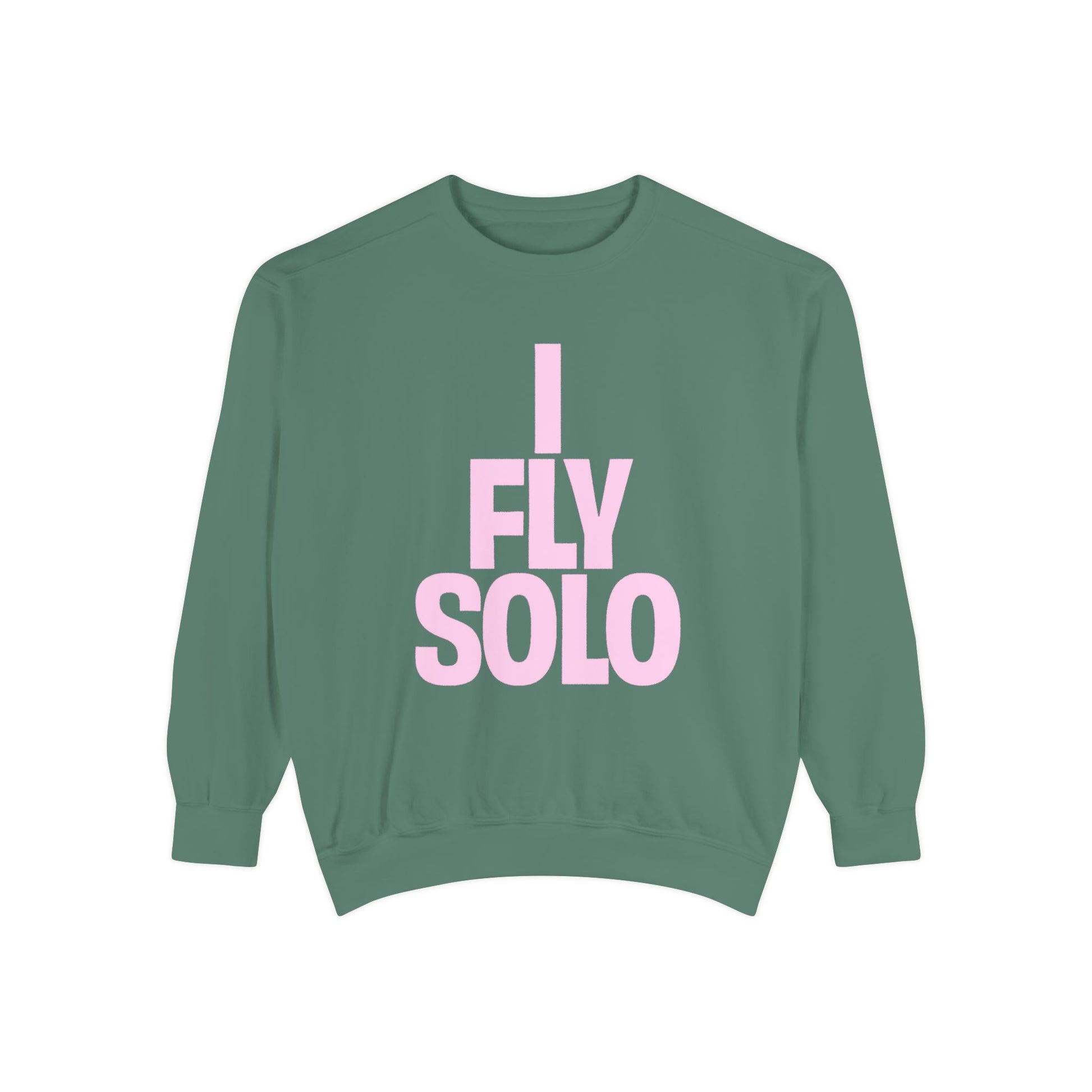 Green sweatshirt with 'I Fly Solo' text in pink on a white background