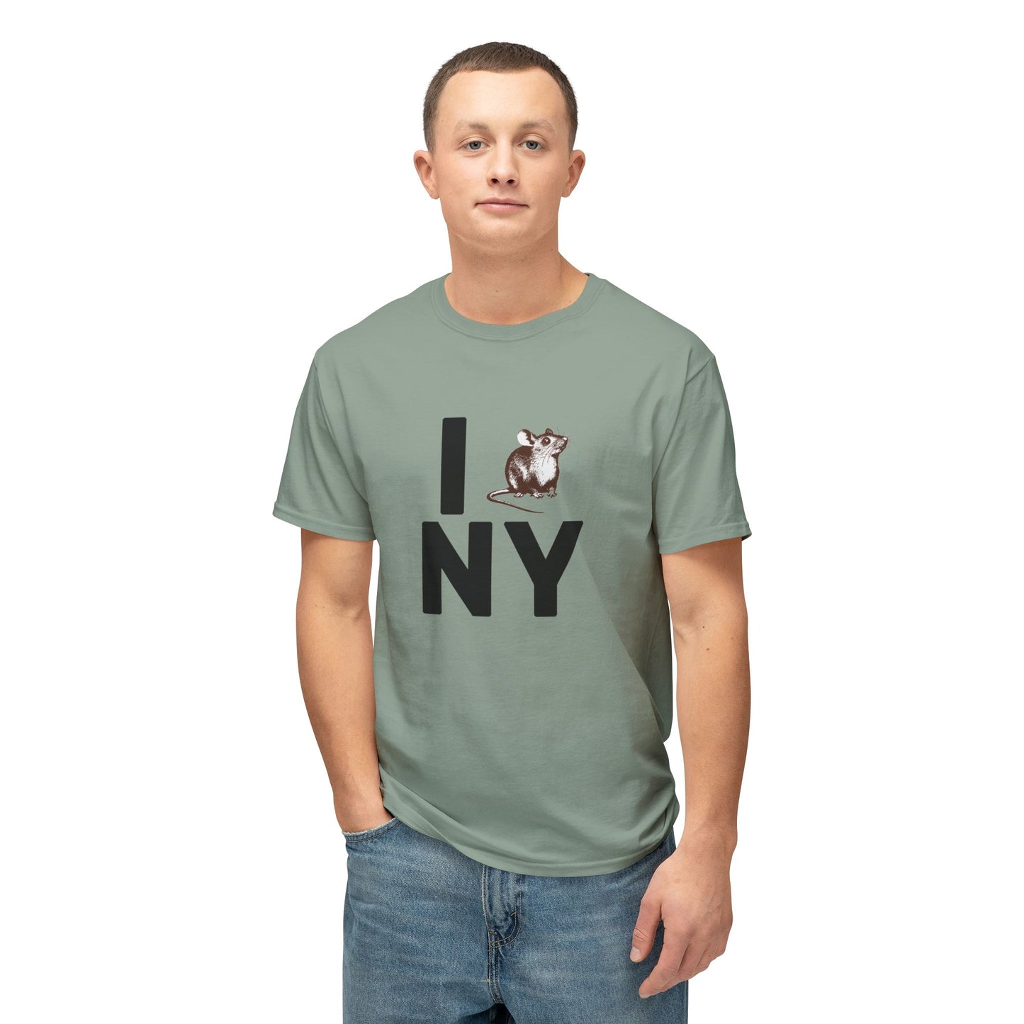 Male model wearing sage green NY RAT T-Shirt with bold New York rat parody print.