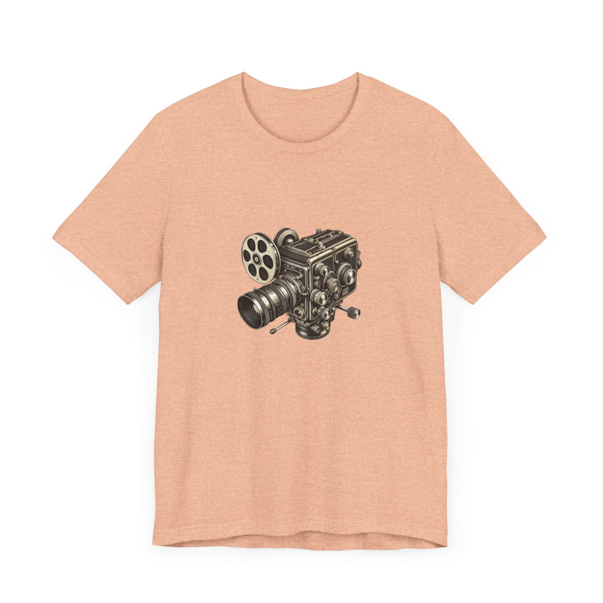 Burnt orange t-shirt with vintage 16mm camera design laid flat