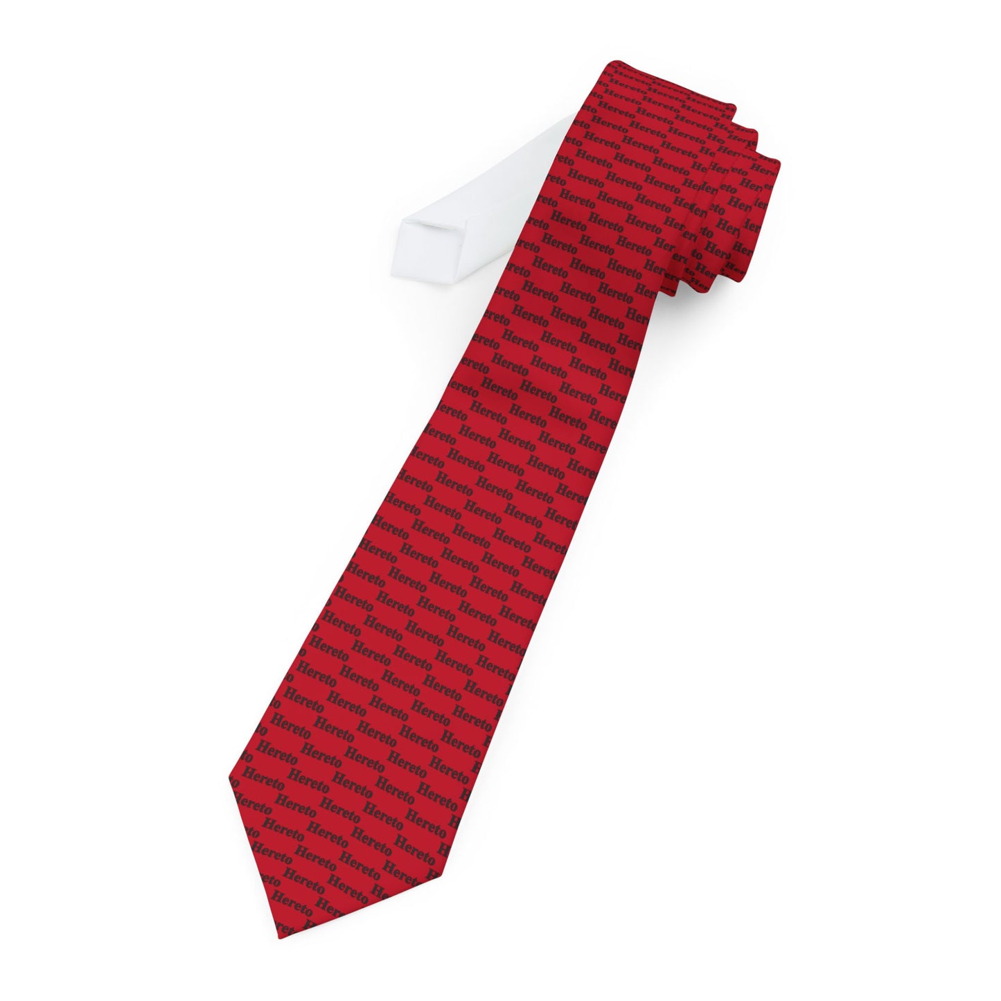 Folded Hereto Red Legal Necktie styled with a white shirt collar, featuring repeated legal "Hereto" text pattern in black on red fabric.