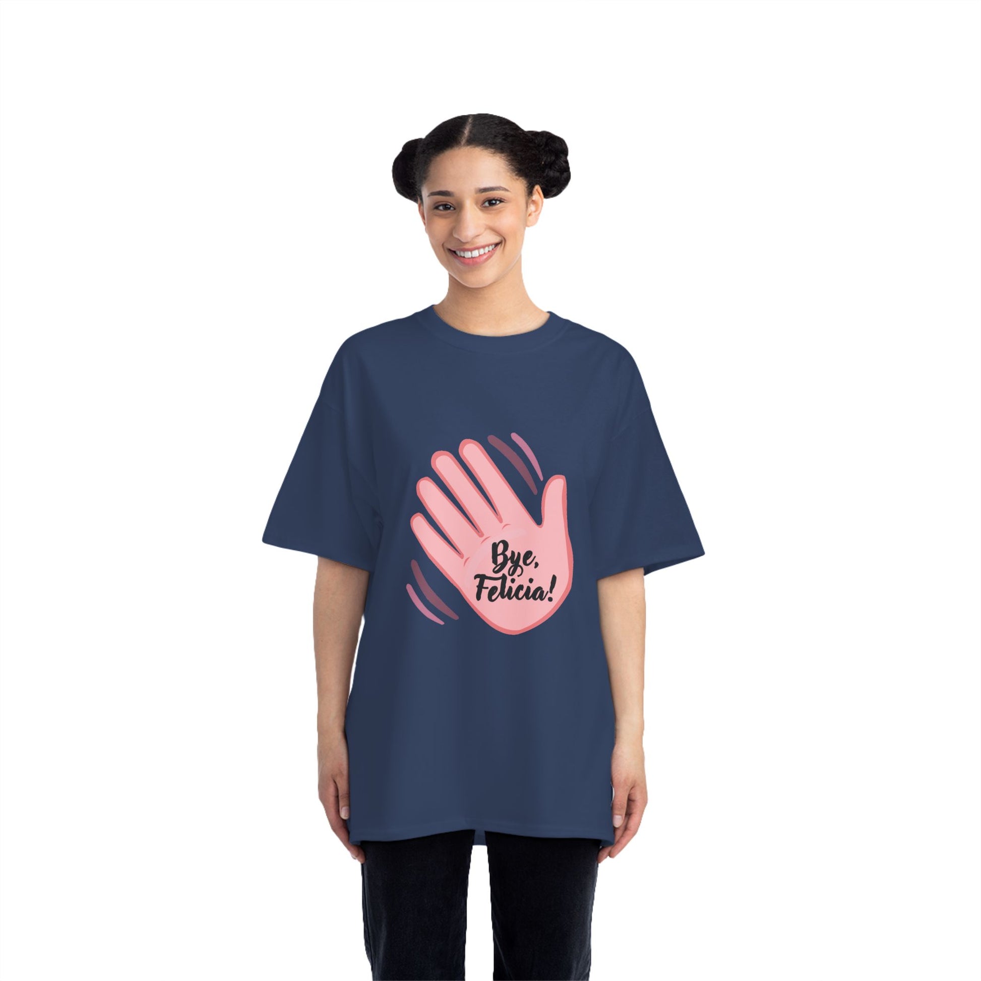 Woman wearing navy Bye Felicia T-Shirt with pink hand graphic