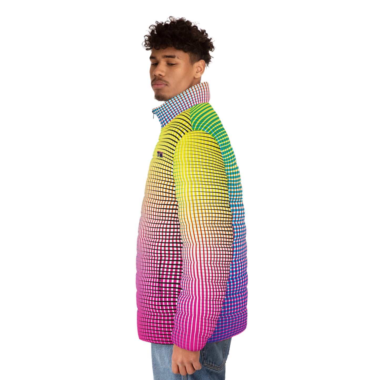 Model wearing Electric Rainbow Men’s Puffer Jacket Lightweight Winter Coat side profile left view
