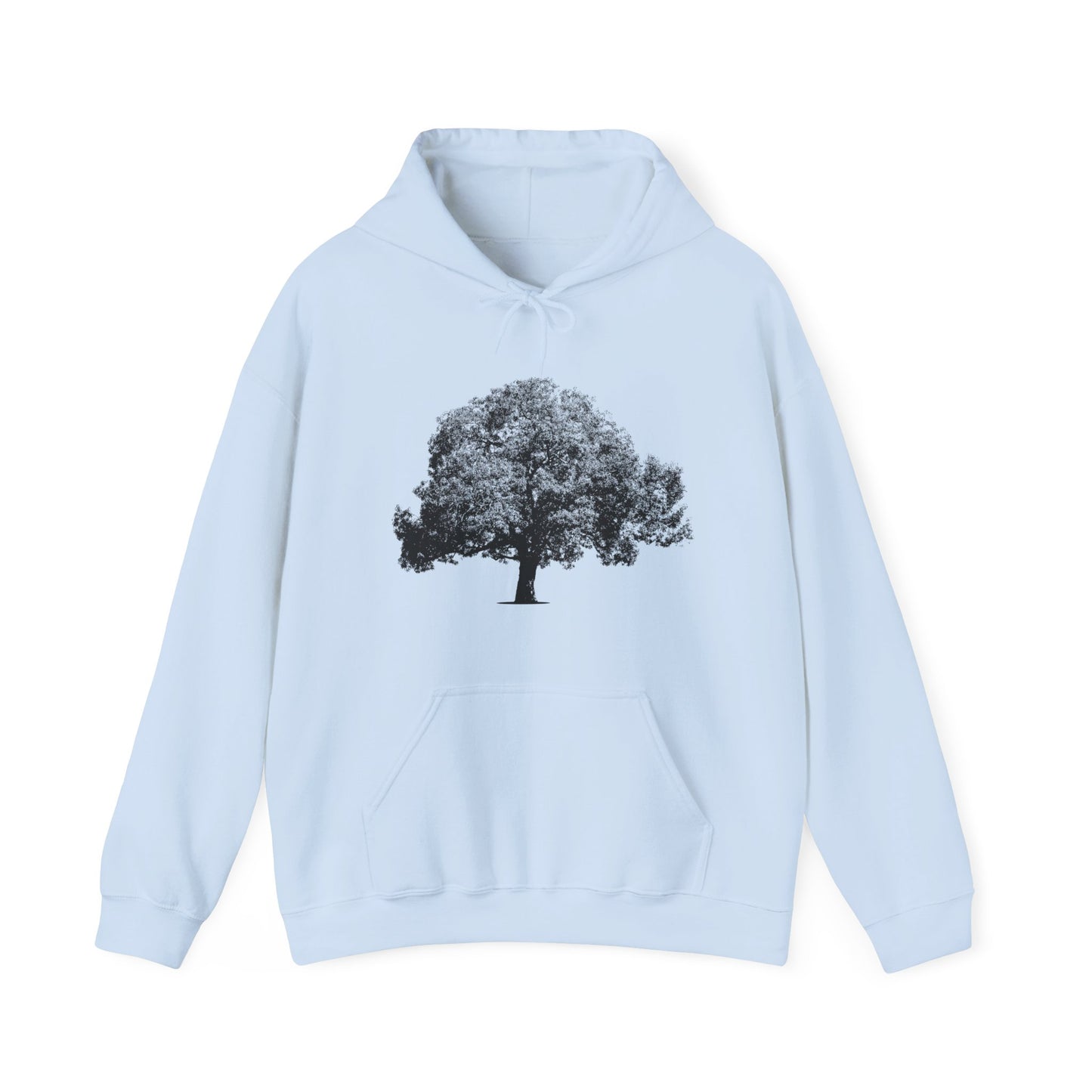 Light blue Tree Hoodie with black tree graphic flat lay