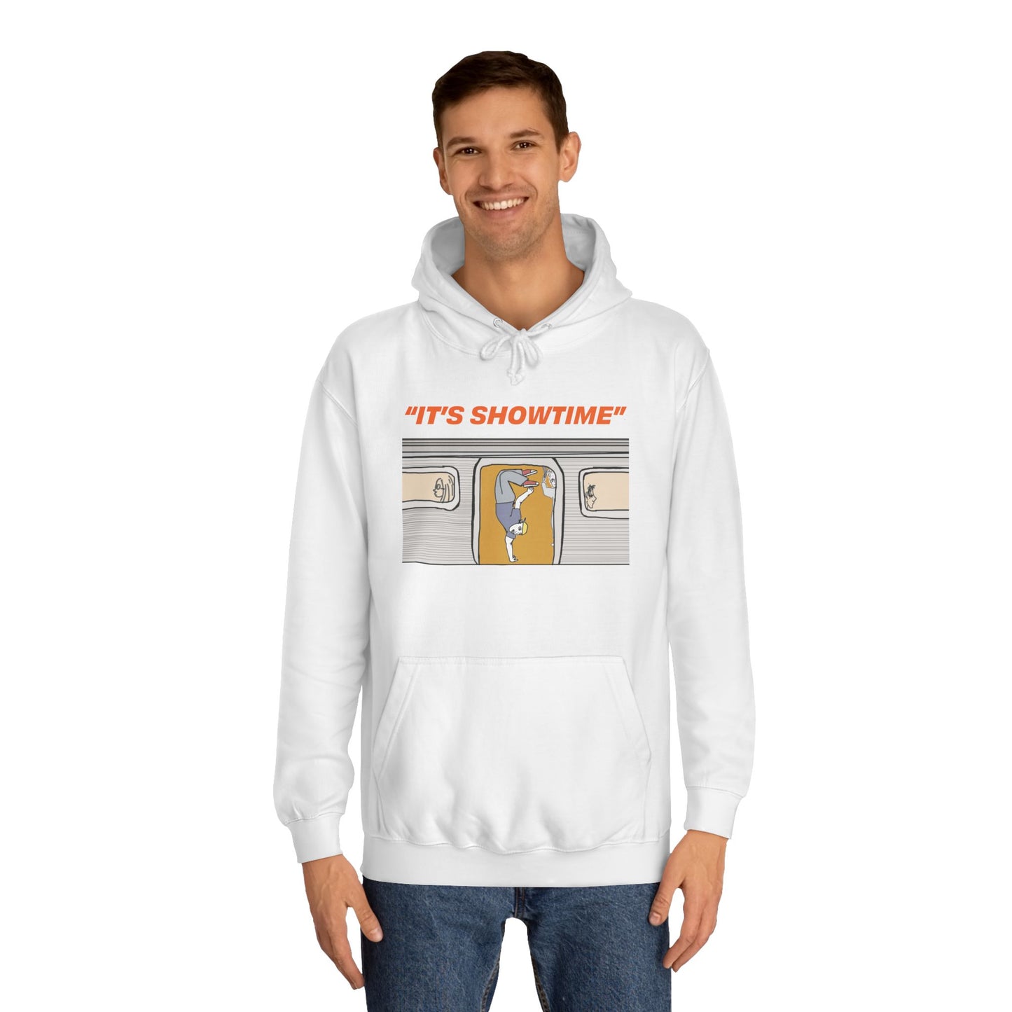 Male model wearing white It’s Showtime Hoodie with subway performer artwork on front.