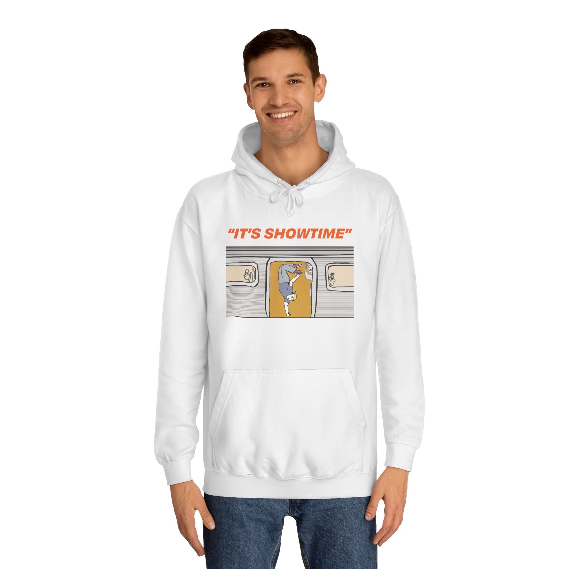 Male model wearing white It’s Showtime Hoodie with subway performer artwork on front.