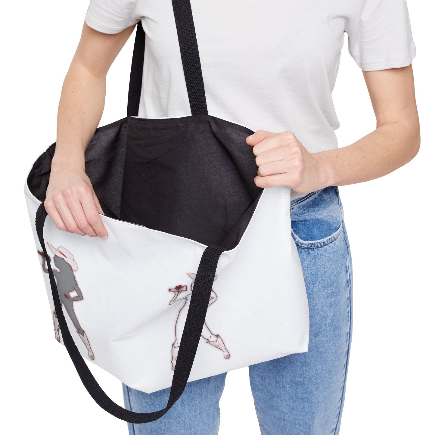 Bey Country Weekender Tote Bag partially open, black top panel and roomy interior, graphic on exterior.