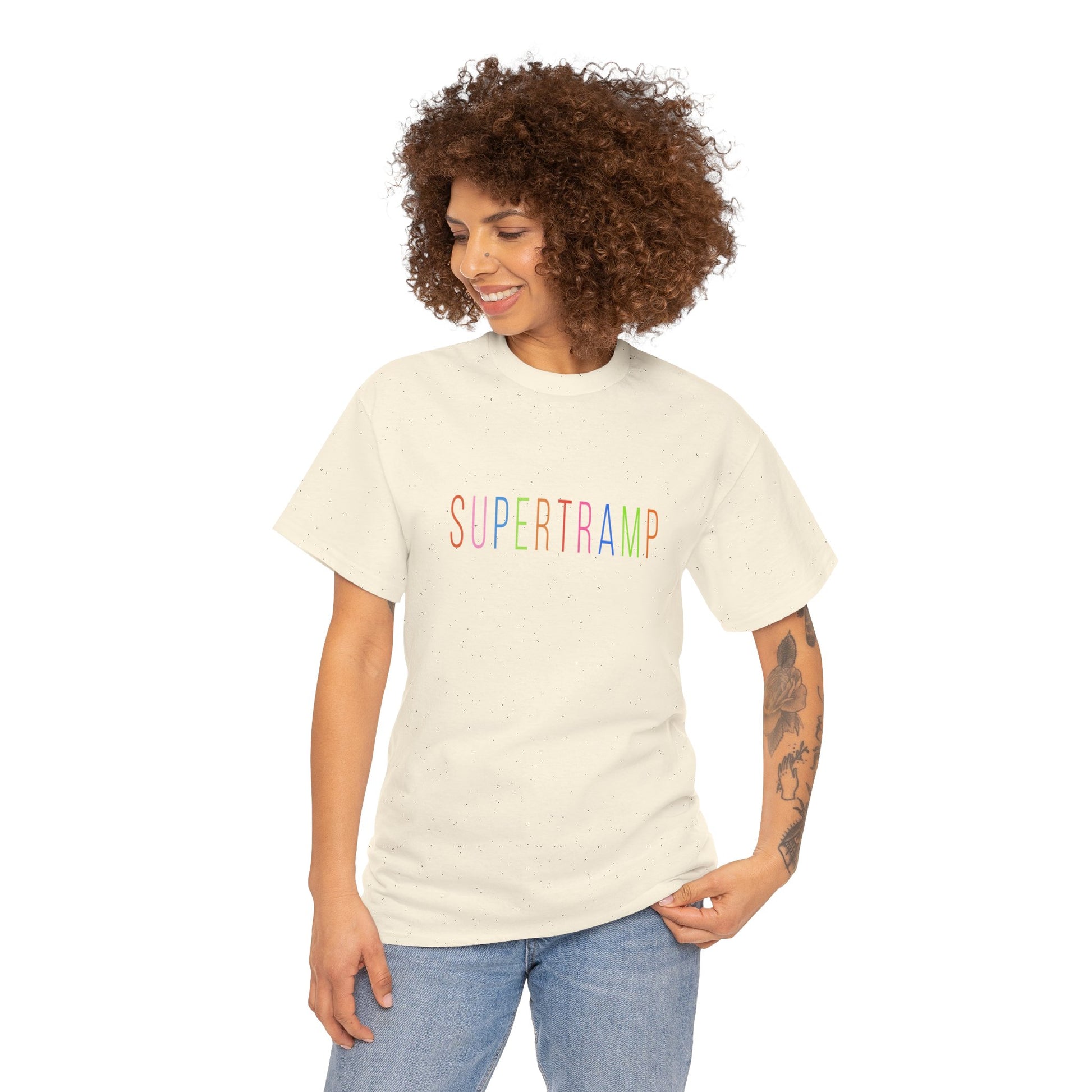 Model wearing cream Supertramp t-shirt with colorful retro logo.