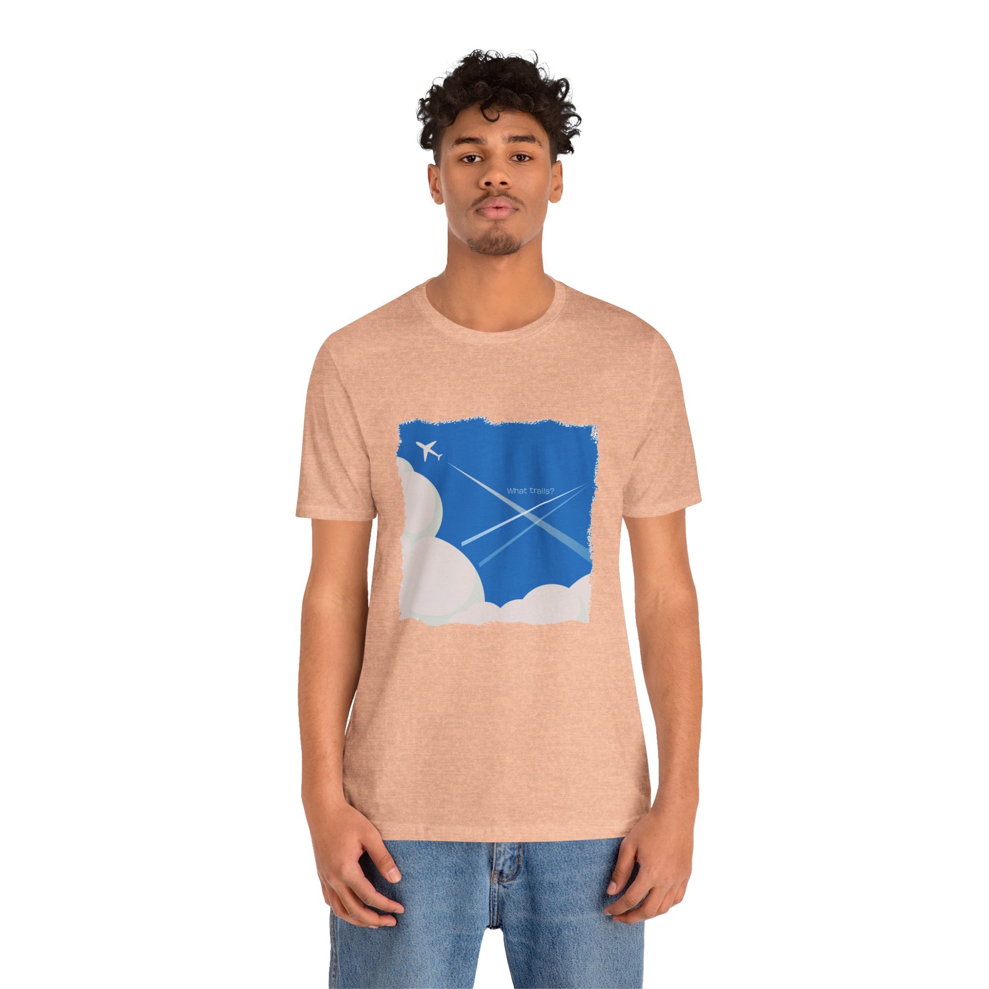 Man wearing a beige t-shirt with a graphic design on a white background