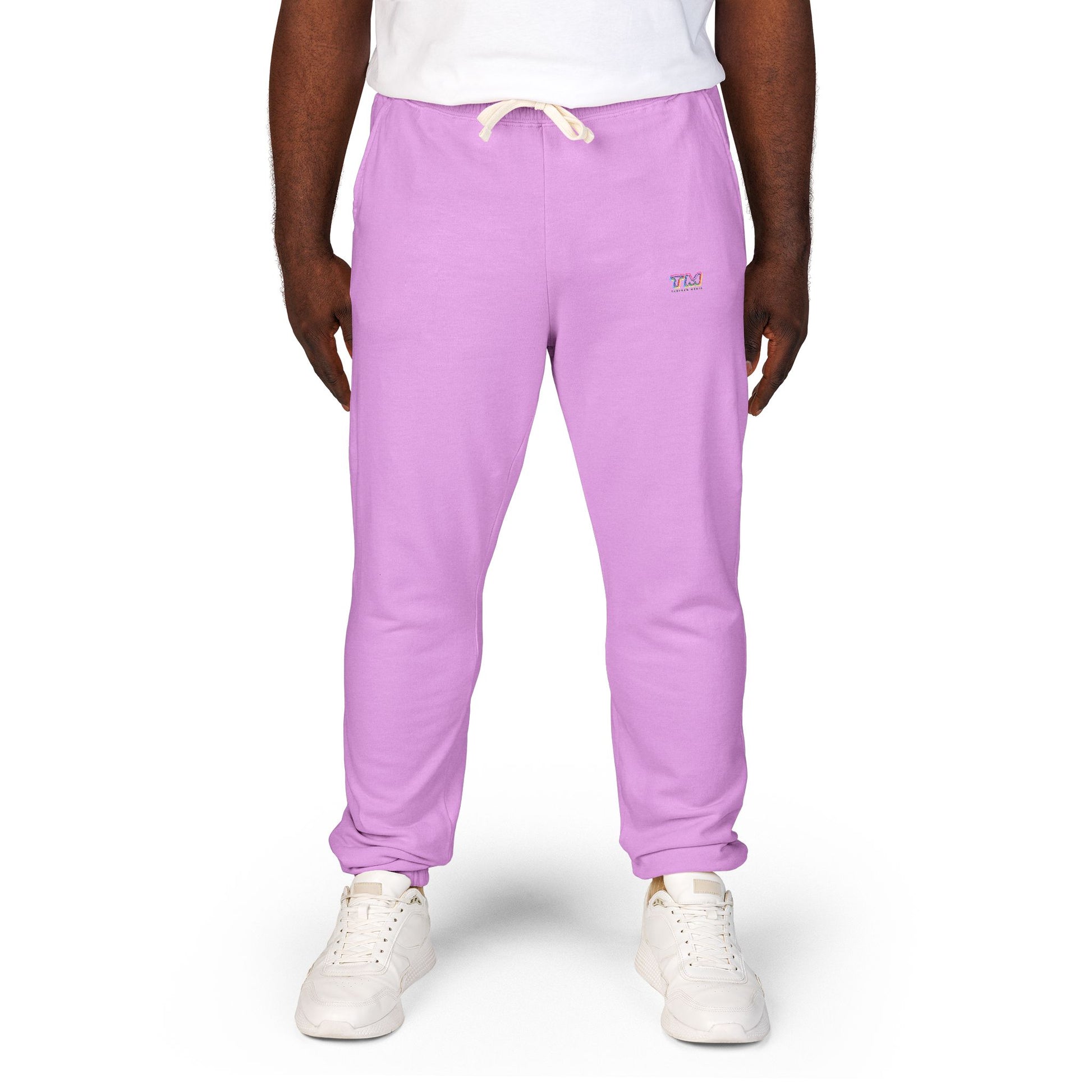 Male model wearing lavender Tantrum Media Sweatpants
