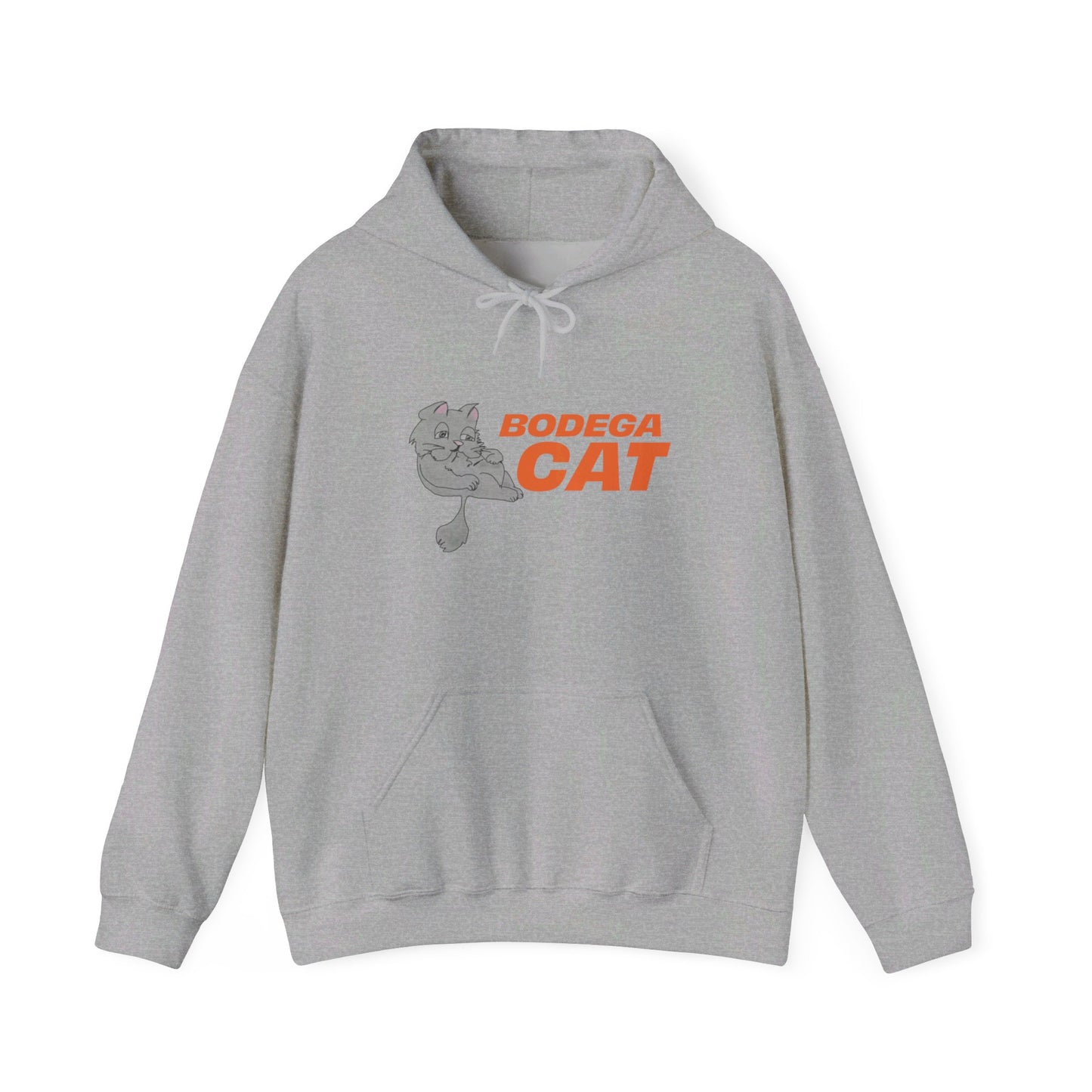 Gray Bodega Cat graphic hoodie front view