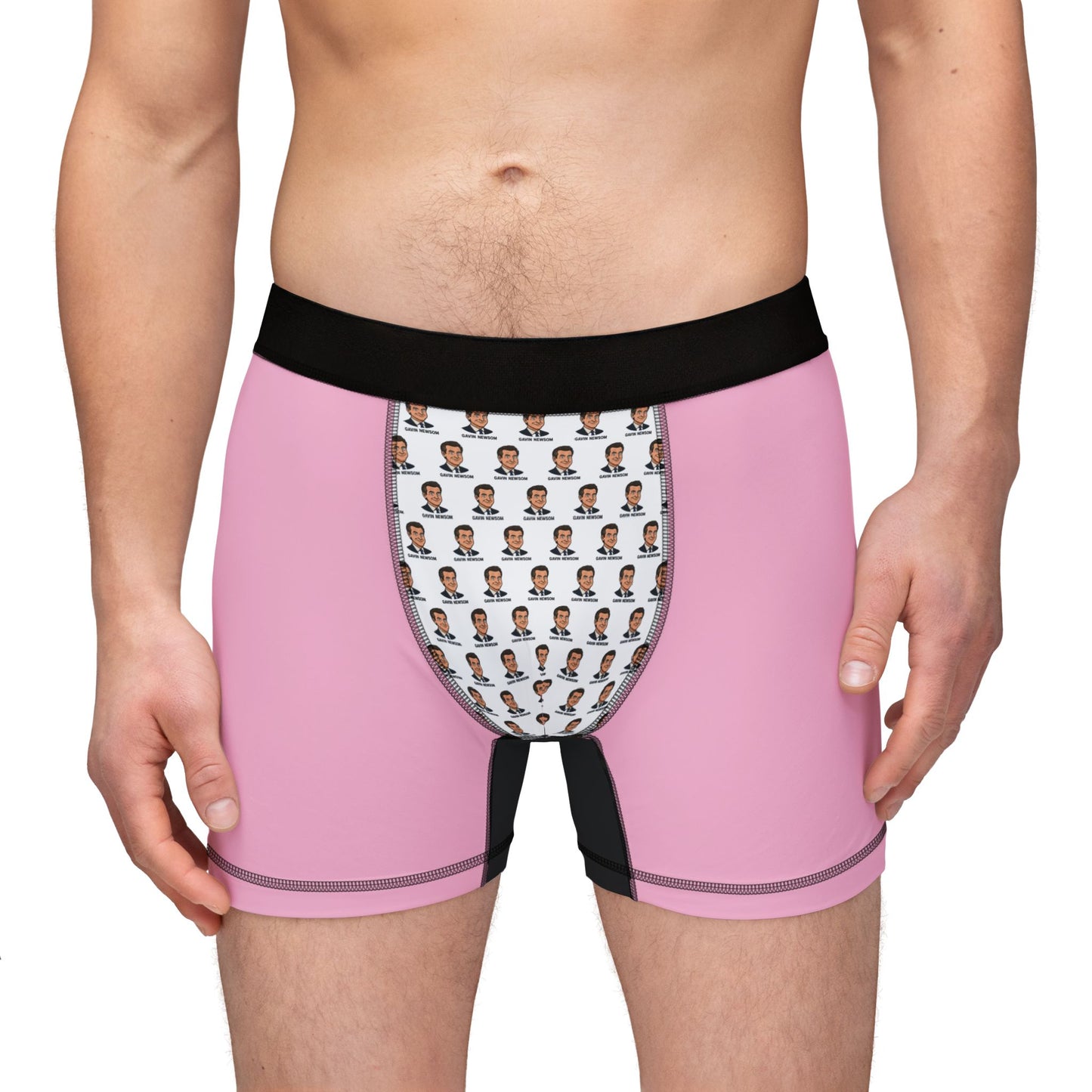 Front full-body view of male model in Gavin Newsom boxer briefs with white and pink panel design.