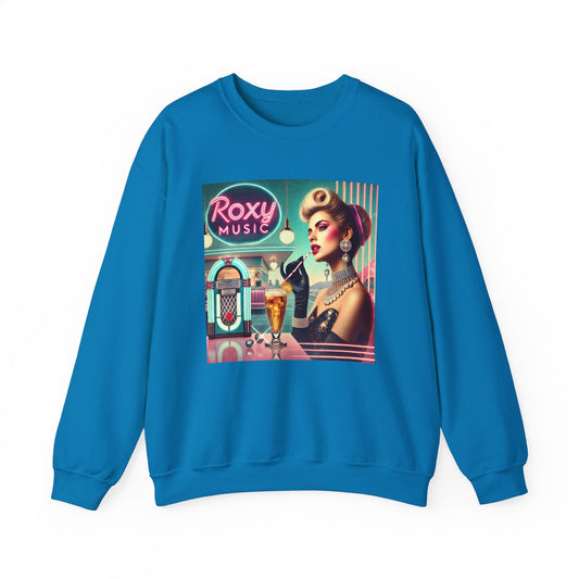Front view royal blue Album Cover Nostalgia sweatshirt with Roxy Music retro album cover graphic