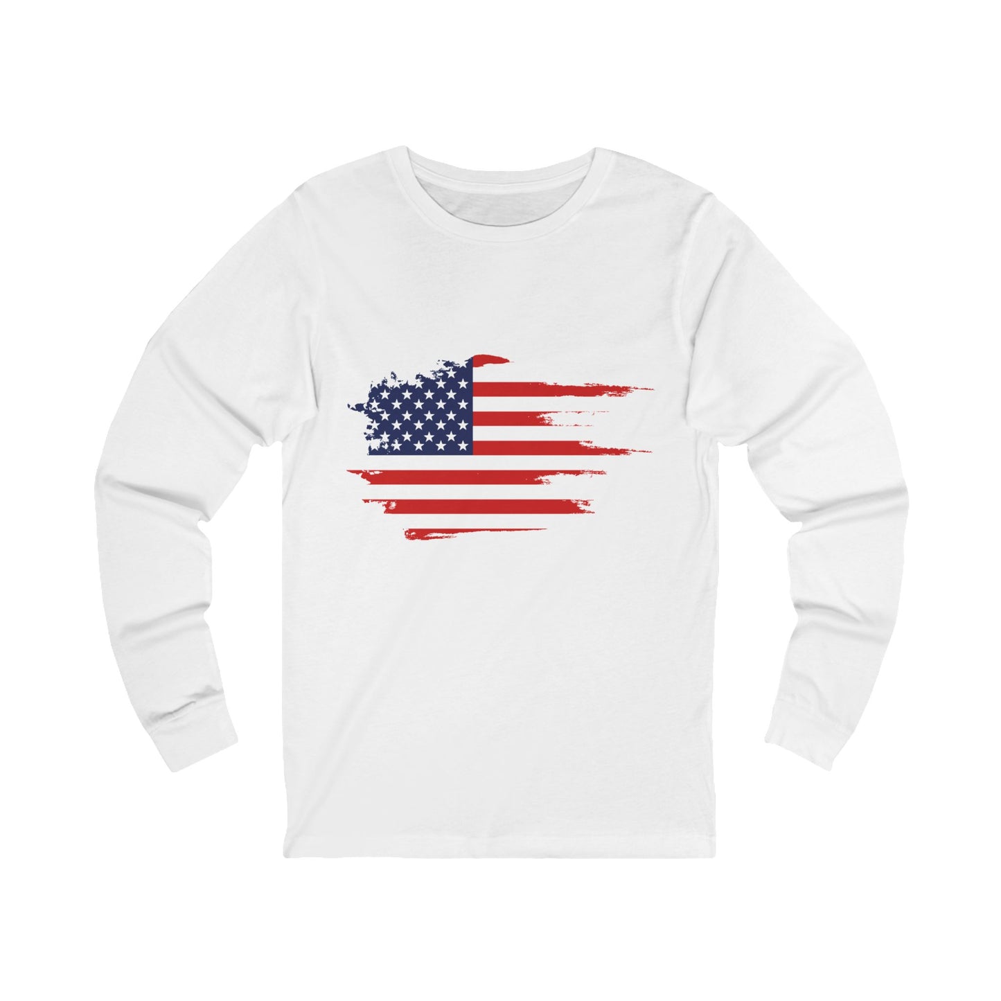 White Americana Long Sleeve T-Shirt with distressed American flag design on the front.