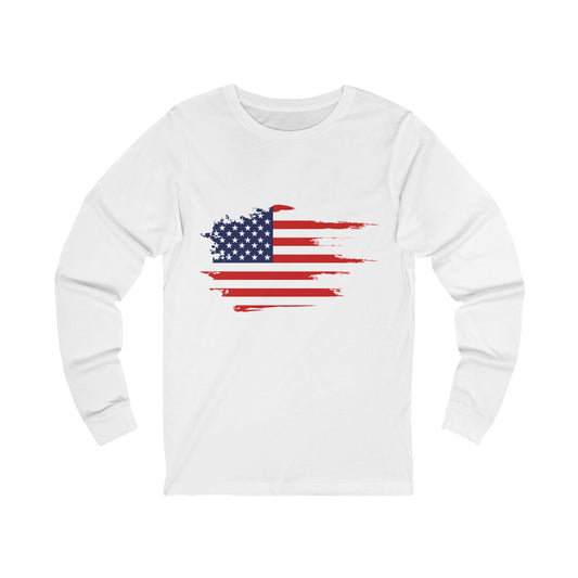 White Americana Long Sleeve T-Shirt with distressed American flag design on the front.