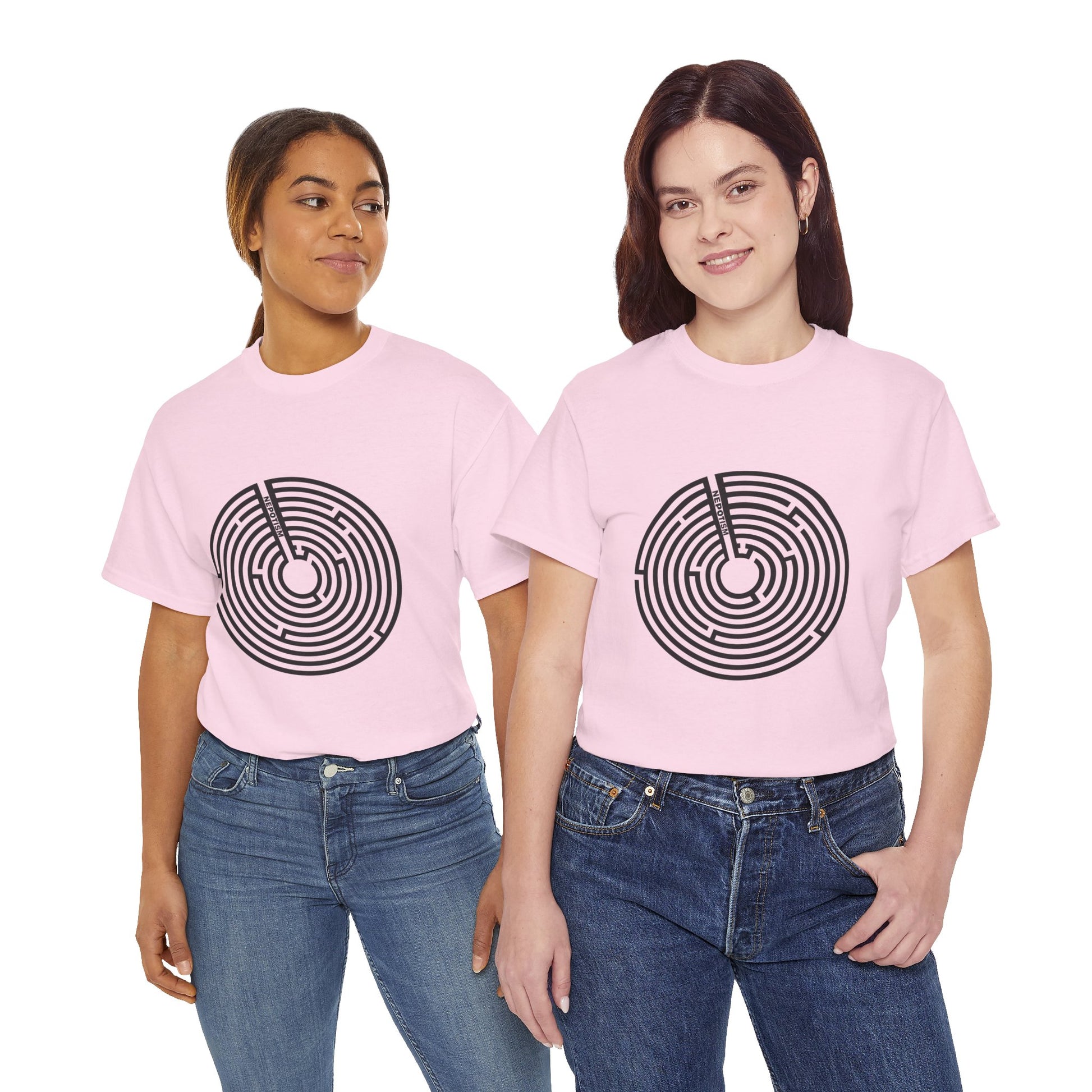 Group of three wearing pink Nepo T-Shirts with maze design