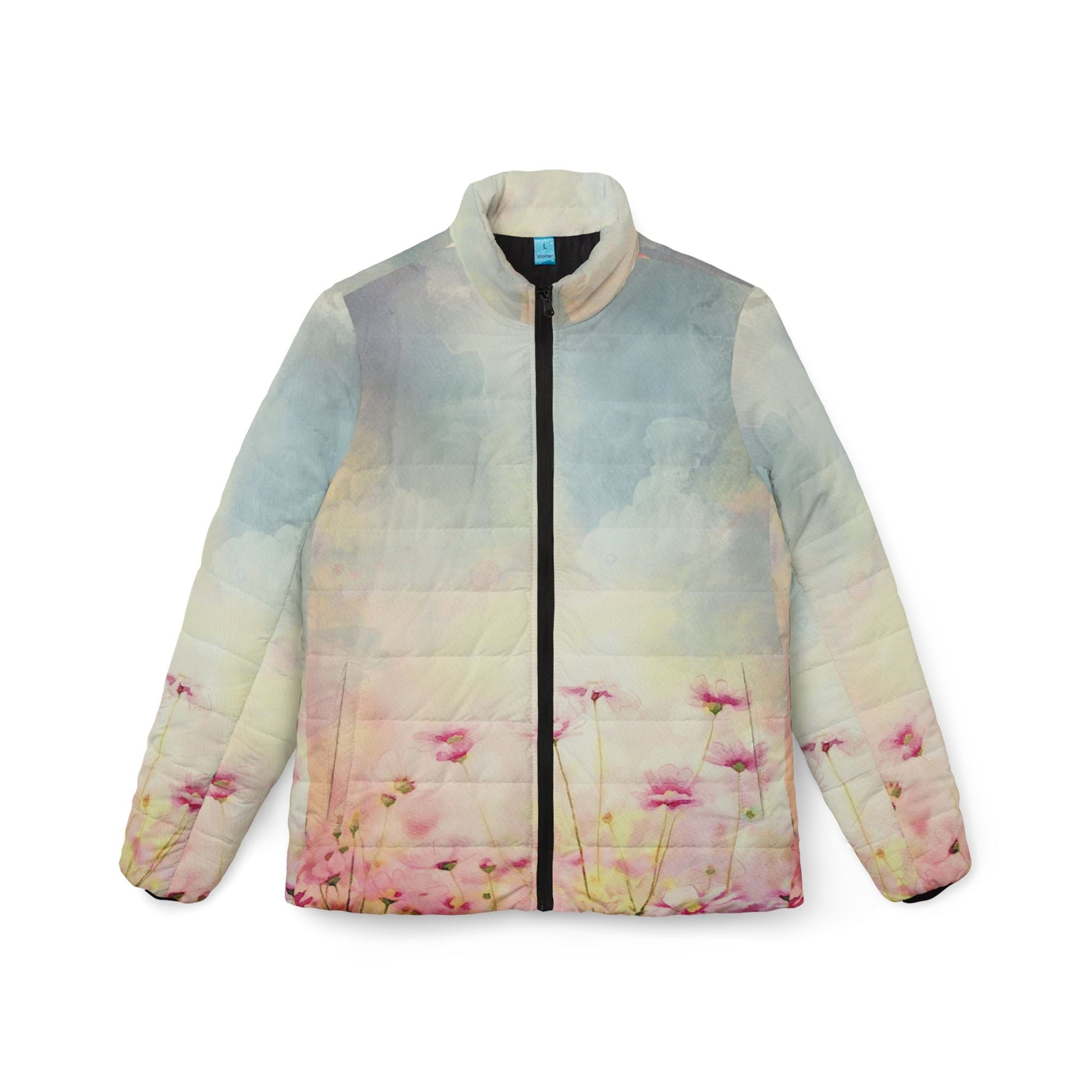 Pink Amapola Women’s Puffer Jacket laid flat with floral print front view