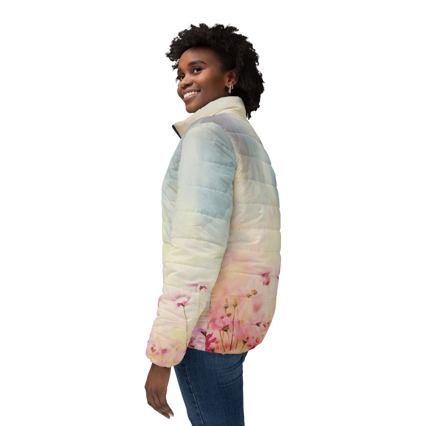 Pink Amapola Women’s Puffer Jacket floral design side profile side view