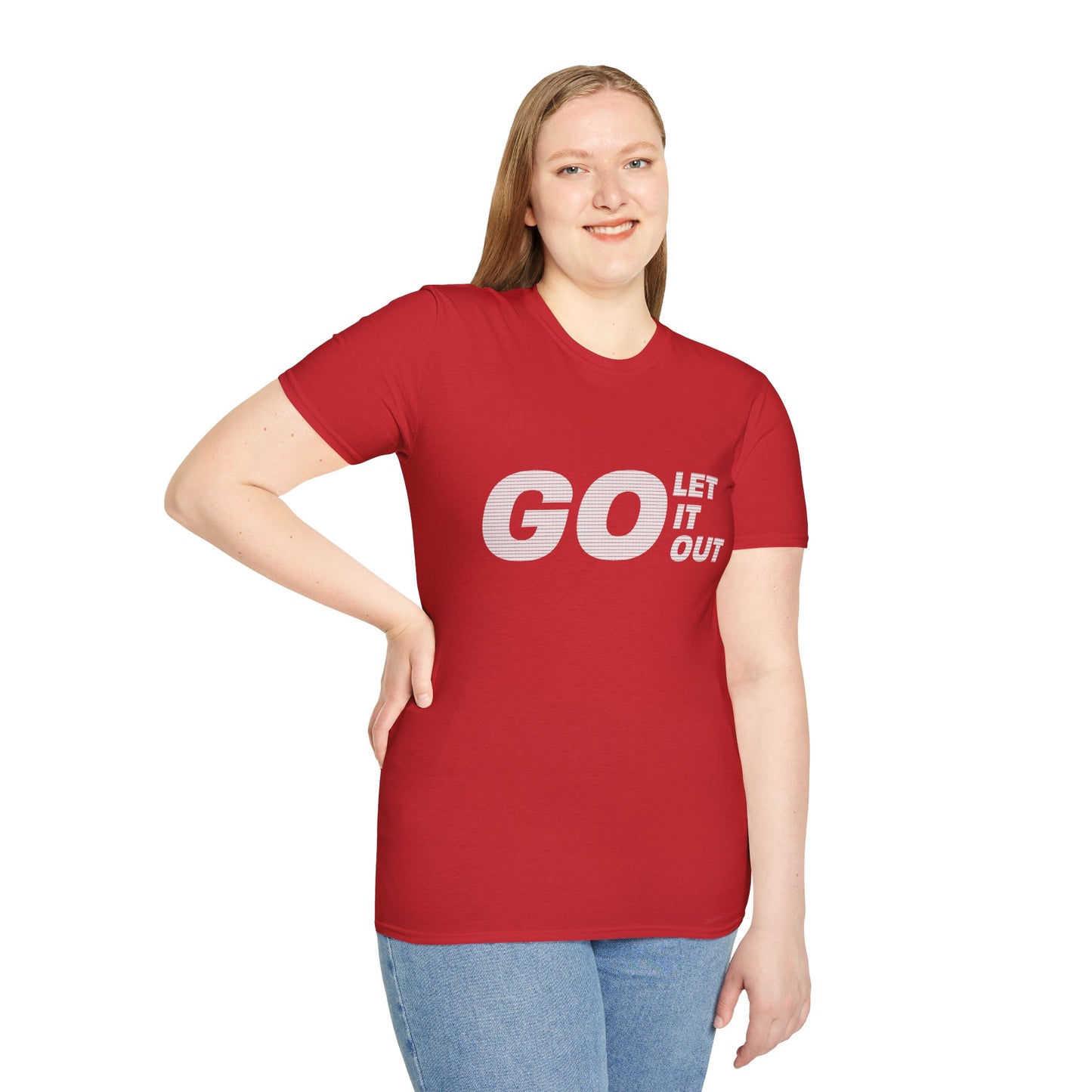 Person wearing a red t-shirt with 'GO LET IT OUT' text on a white background