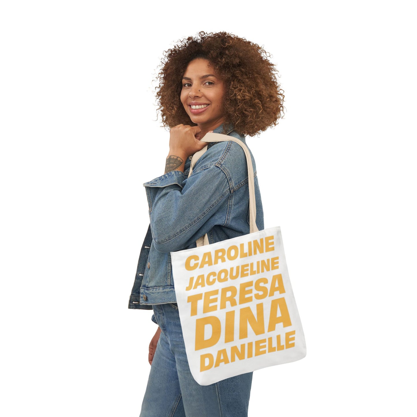 woman holding OG NJ housewives tote bag over shoulder outfit styling