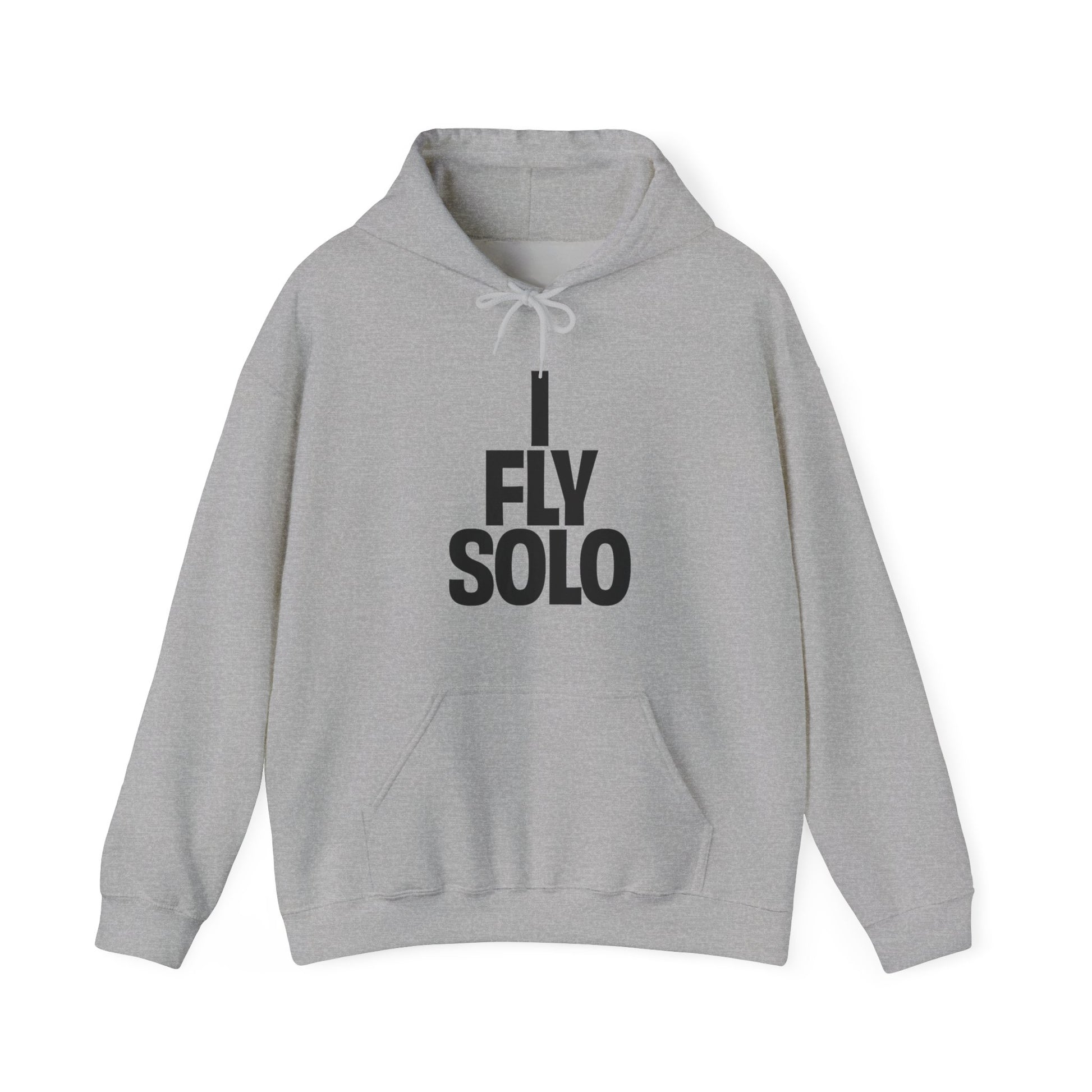 Gray hoodie with 'I Fly Solo' text on a white background