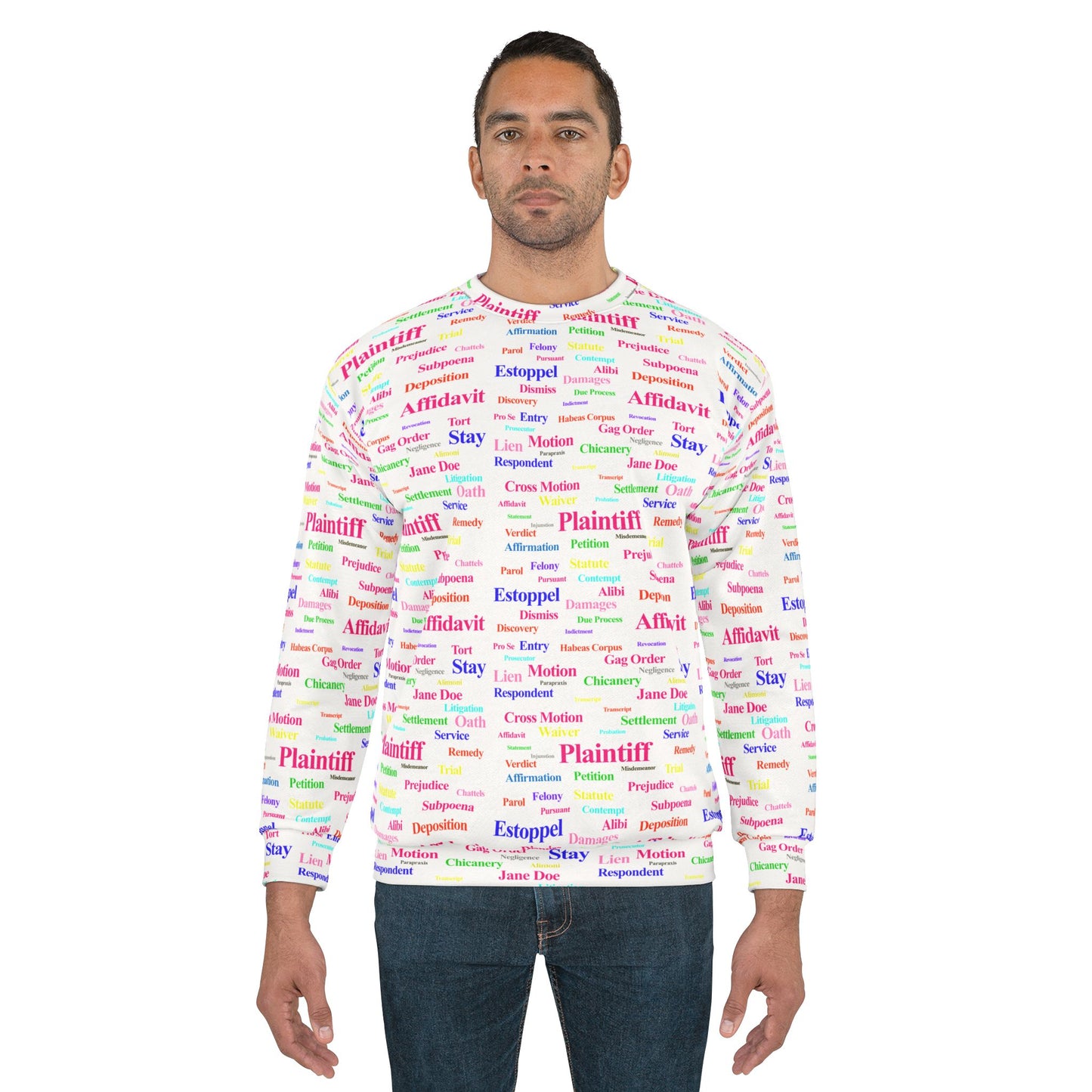 Male model wearing Legalese Sweatshirt unisex crew neck with vibrant legal terms design.