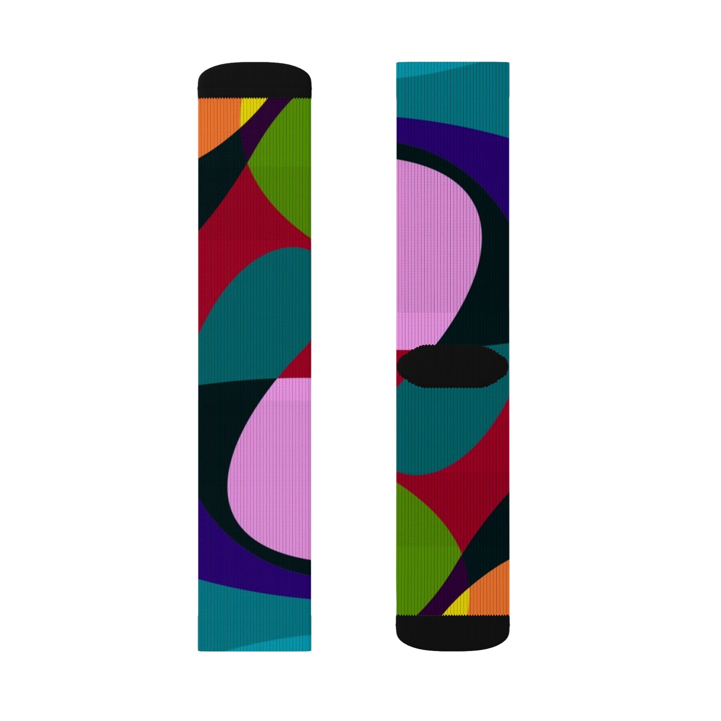 Flat lay of colorful abstract patterned socks shown from multiple angles, highlighting the bold geometric shapes and vibrant mixed colors.