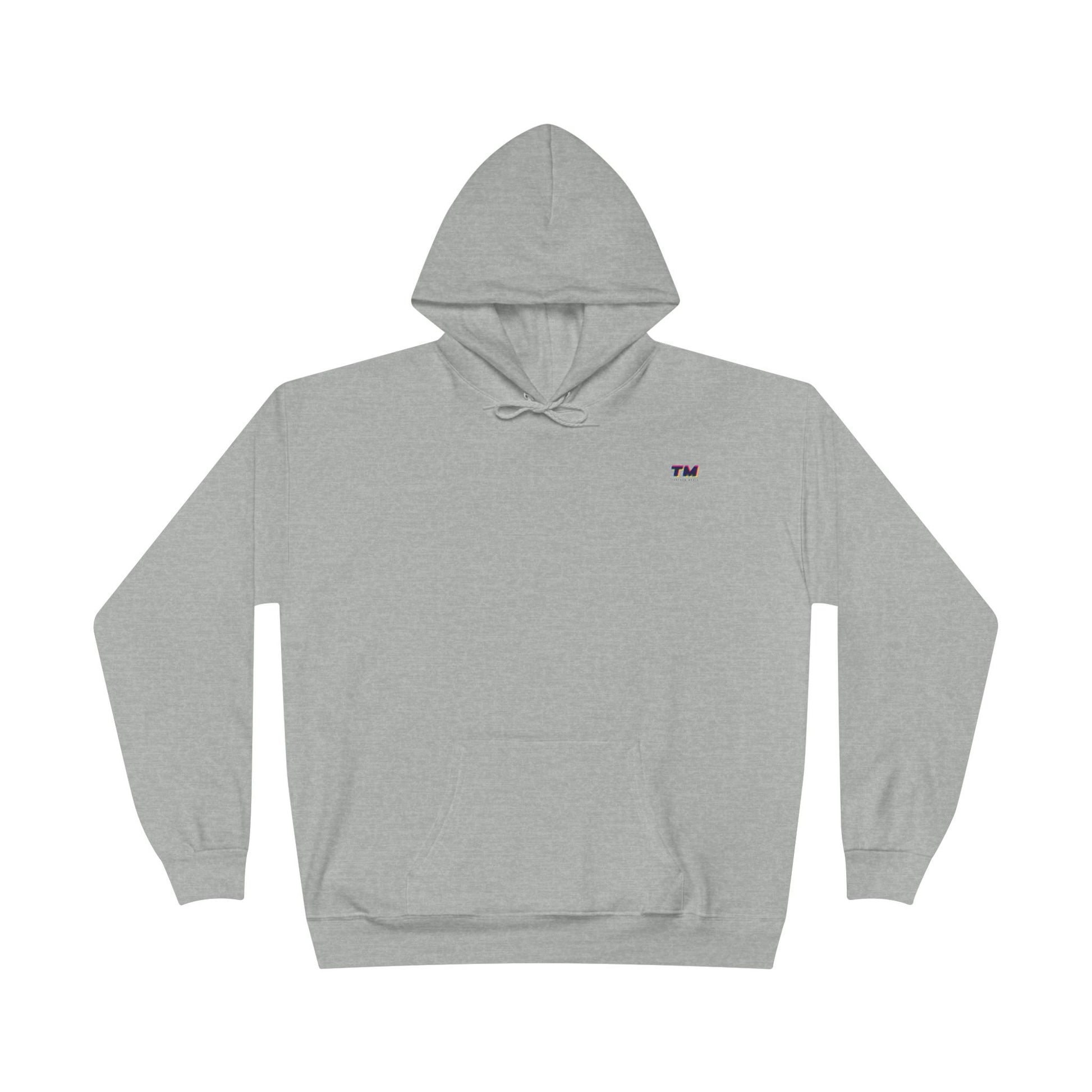 Flat lay of gray EcoSmart hoodie with small embroidered TM logo on chest.