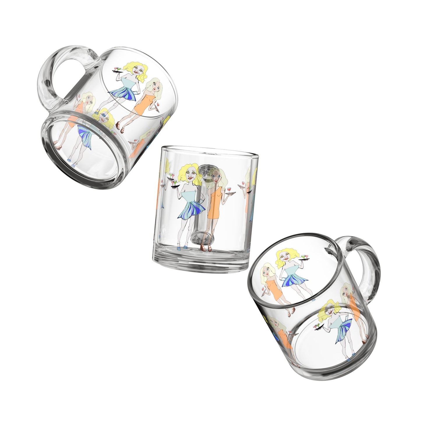 Two waitress glass mugs shown from top and side angles with full graphic design visible.