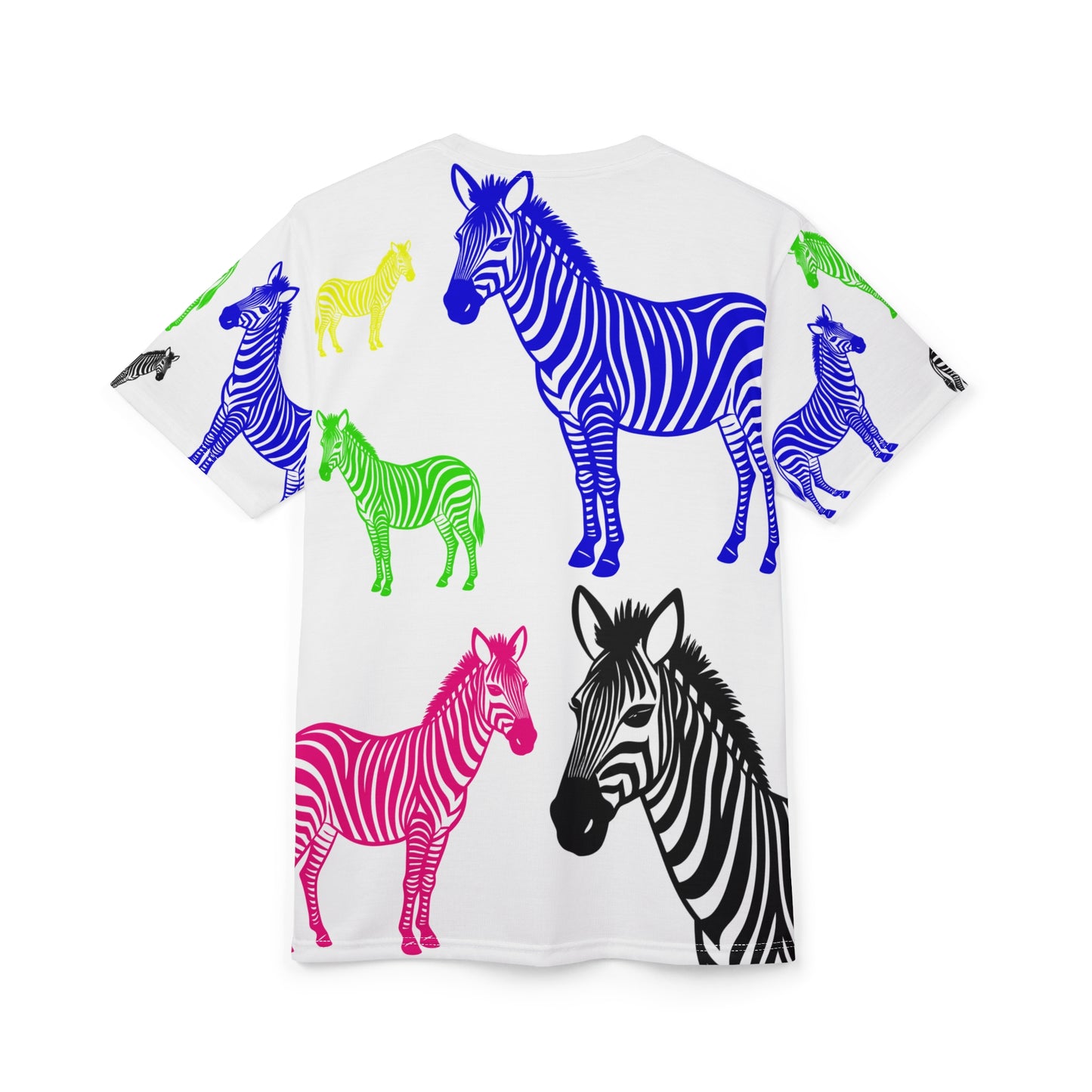 Back view of Colored Zebras Unisex T-Shirt featuring colorful zebra pattern in neon shades