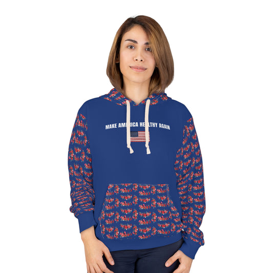 A person wearing a royal blue unisex hoodie that reads "Make America Healthy Again" with an American flag graphic, featuring red floral patterned sleeves and front pocket, standing against a white background.