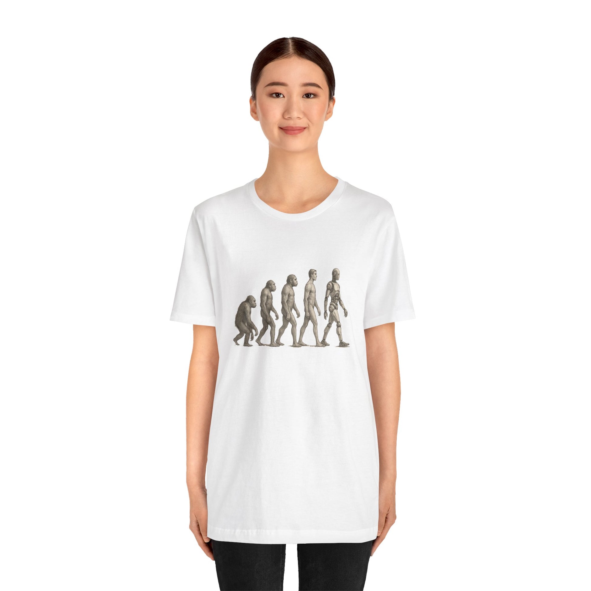 Model wearing white t-shirt with human evolution graphic transitioning from ape to robot