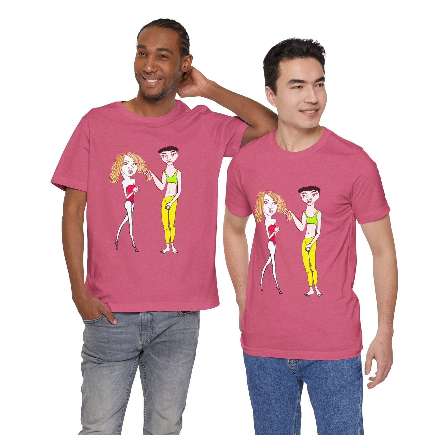 Two male models standing together in matching maroon Charlotte and Van hand-drawn couple tees, one with arm around the other’s shoulder.